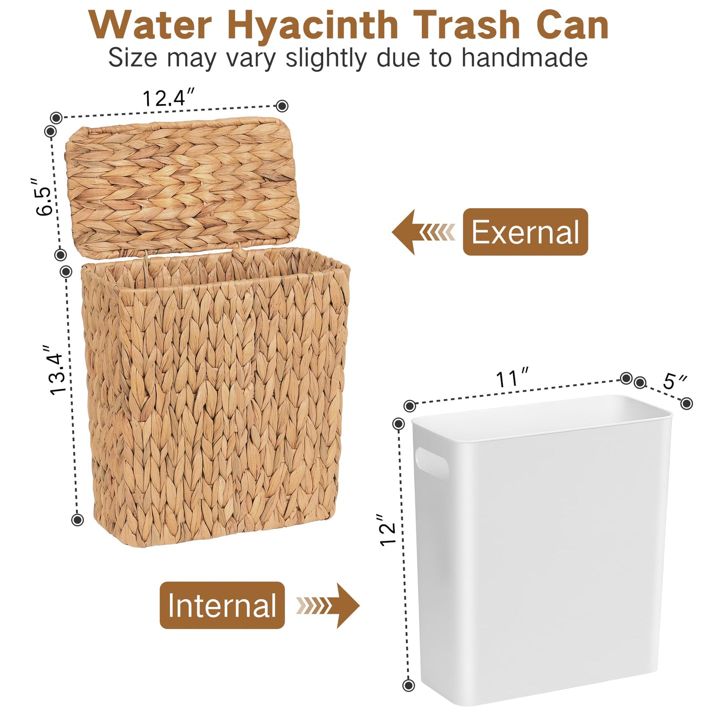 iEGrow Wicker Trash Can, Bathroom Trash Can with Lid, 3 Gallon Natural Water Hyacinth Waste Basket with Removable Liner, for Bedroom, Living Room, Toilet, Under Sink