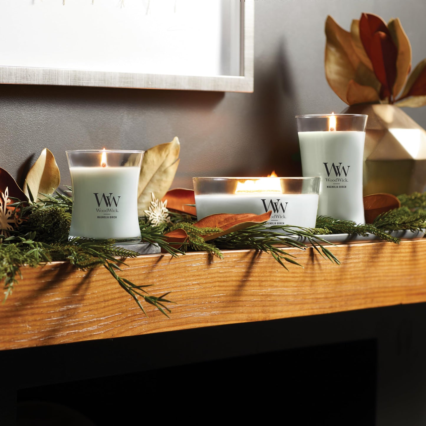 WoodWick Magnolia Birch Holiday Candle Gifts for Women and Men, 16 oz Ellipse Candle with Crackling Wick