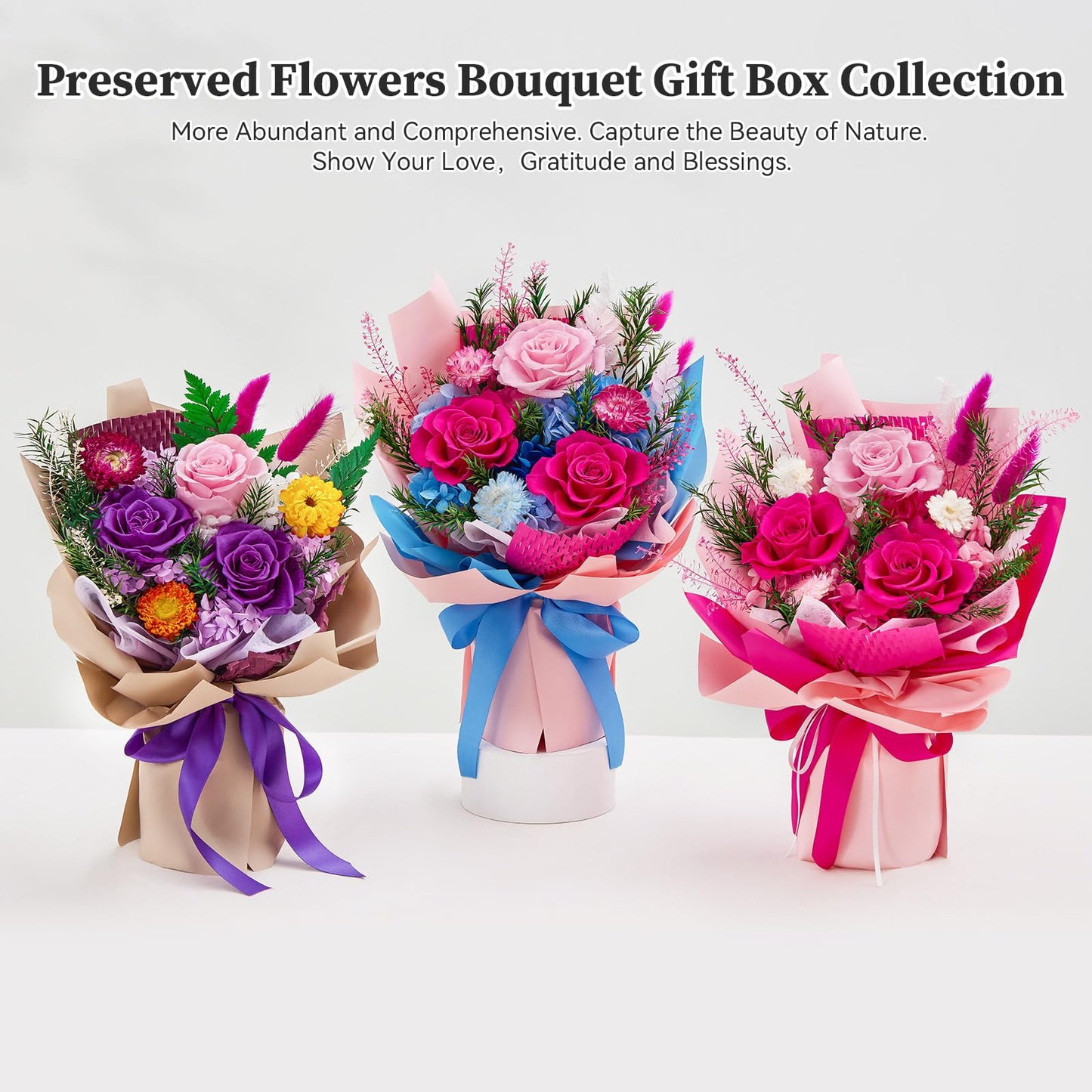 Flomoon Forever Flowers Gifts for Her, Preserved Flowers Bouquet Birthday Gifts for Women, Preserved Roses for Grandma Wife Anniversary Valentine's Day Mother's Day (Purple Paper)