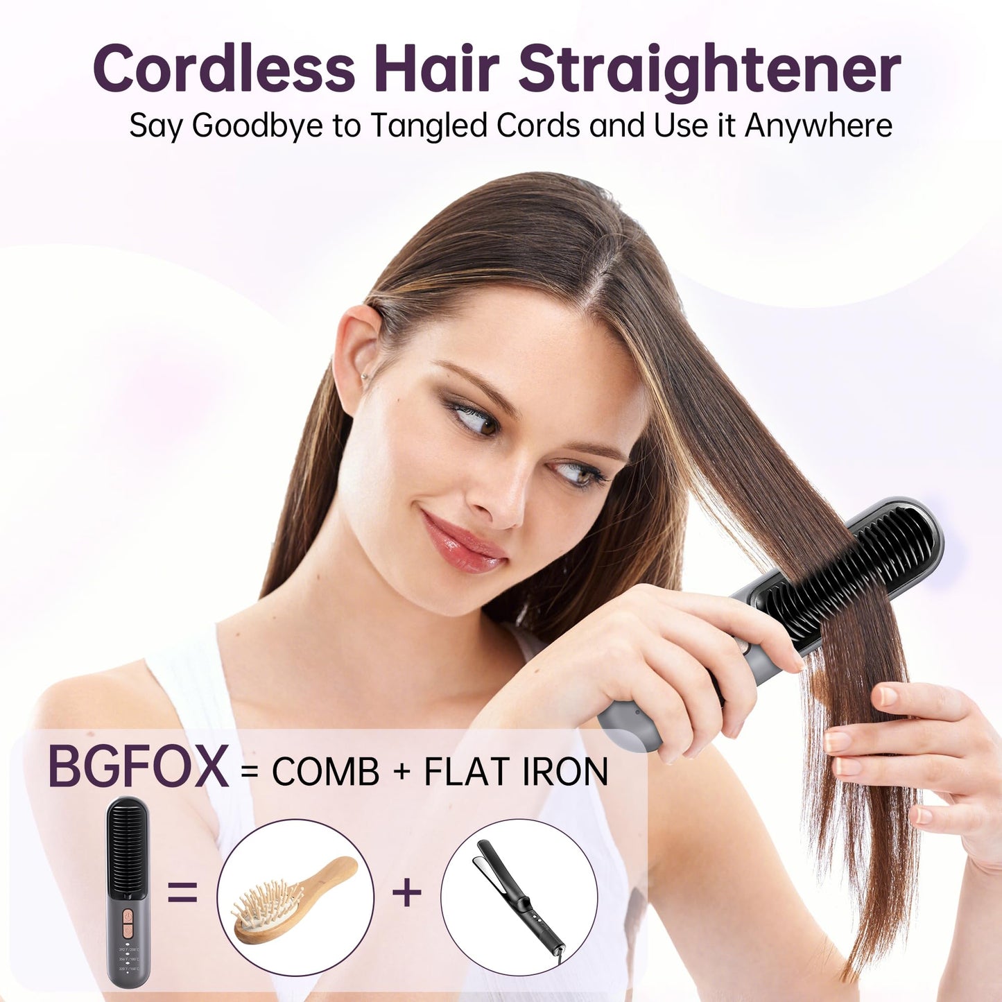 BGFOX Cordless Hair Straightener Brush [10 Mins Shiny Look Anytime Anywhere], USB Rechargeable Portable Ionic Hair Straightener Comb Straightening Brush for Women Travel with 3 Temps 30s Fast Heating