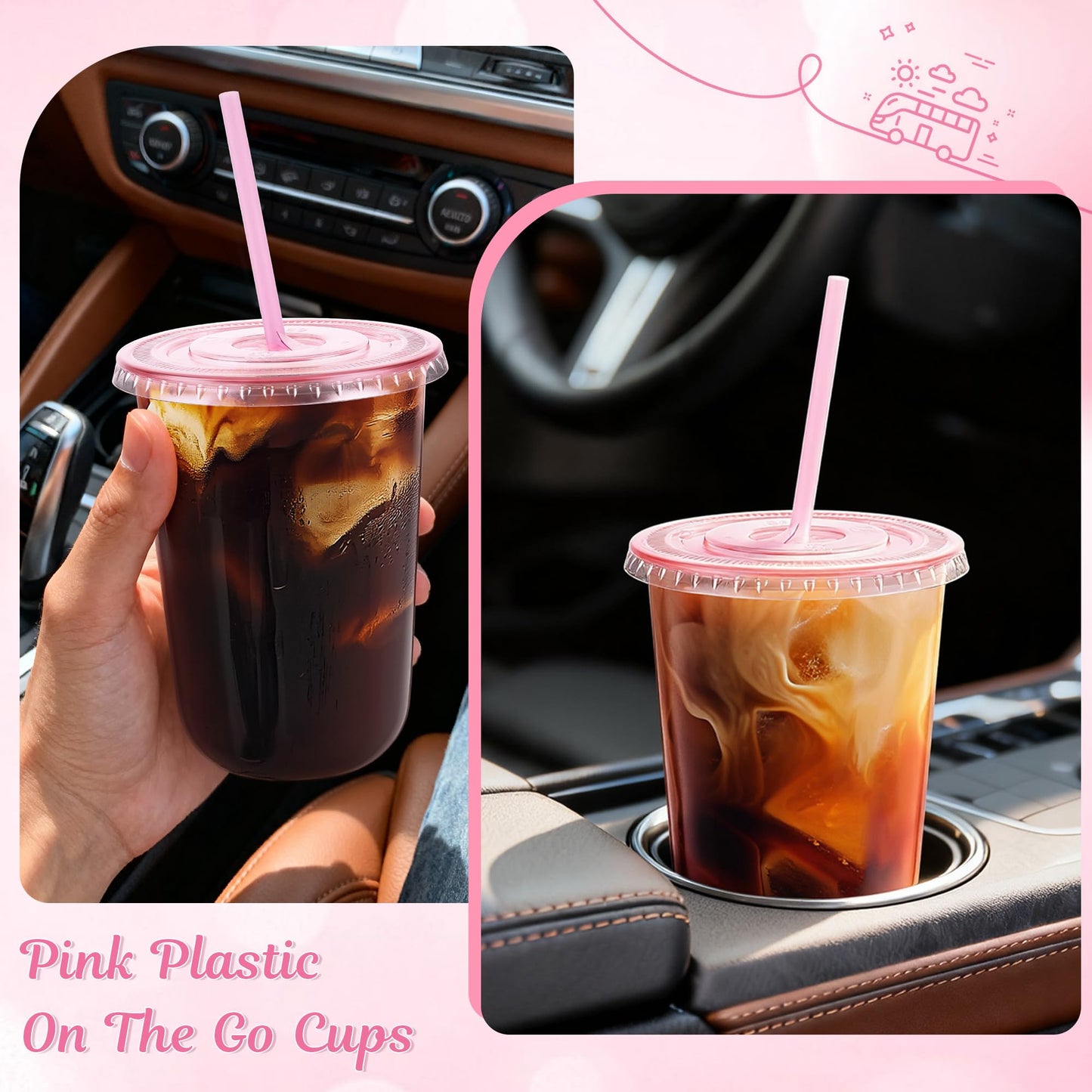 tchrules 100 Set 16oz Plastic Cups with Lids & Straws, Disposable Pink Clear Iced Coffee Cup with Lid, Round Bottom Plastic To Go Cups for Cold Drinks Slushie Smoothie Valentine Holiday Party Supplies
