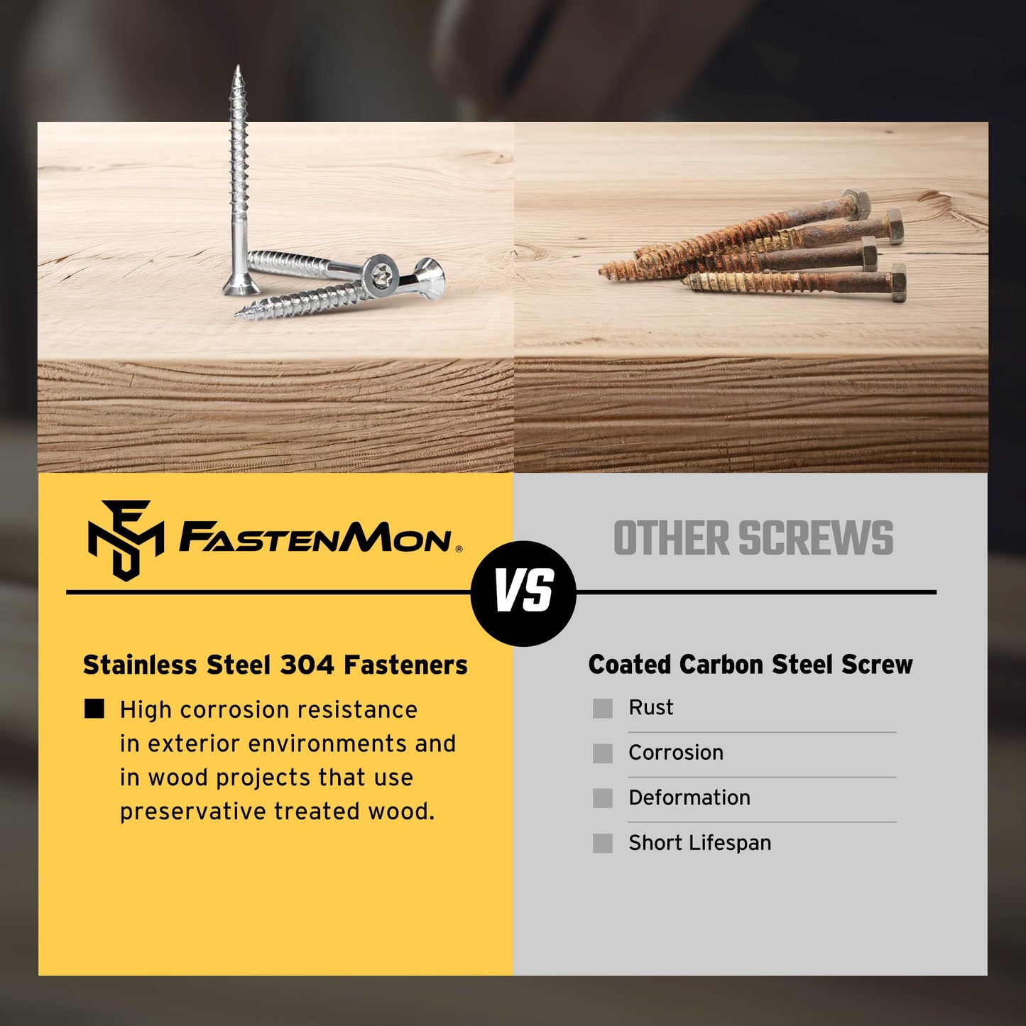 FM FastenMon #10x3 Stainless Steel Deck Screws, 304 Grade, 300 PCS, T25 Star Drive Bit, Ideal for Outdoor Wood Projects, Fences, Benches, Picnic Tables, and Decks, Bulk Box