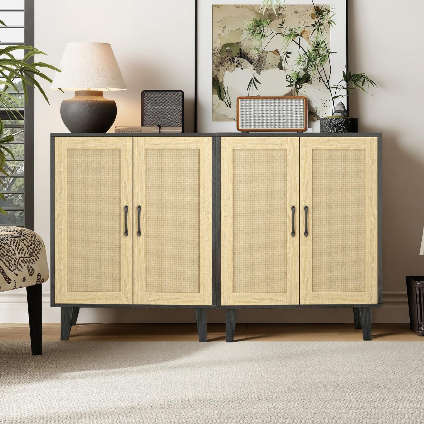 Panana Buffet Cabinet Sideboard with Rattan Decorated Doors Kitchen Storage Cupboard Accent Cabinet (Black)
