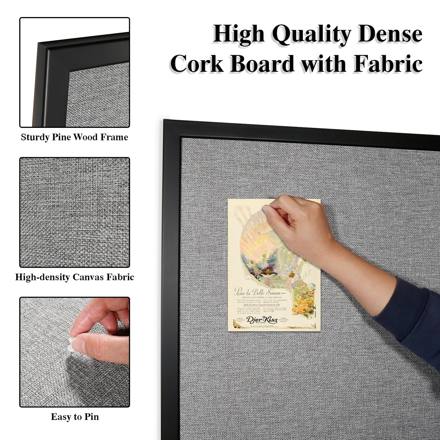 VEIZXUN Bulletin Board 40 x 30 Inch, Cork Board for Walls, Wood Framed Bulletin Boards with Grey Canvas, Wall Mounted Corkboard for Office School Home Decorative