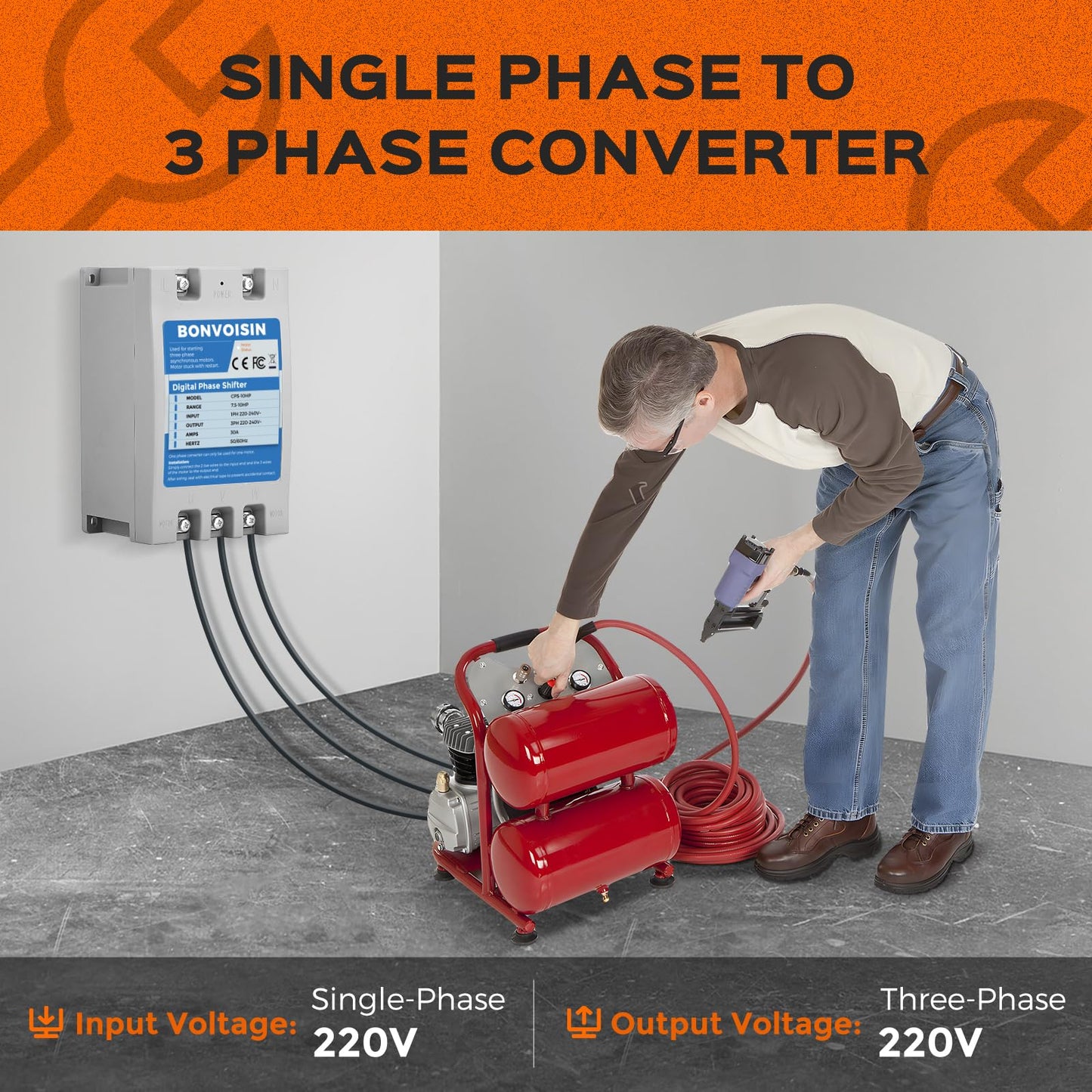 Bonvoisin Single to 3 Phase Converter 2HP(1.5kW) Digital Phase Shifter, 7A 220V-240V Input/Output, One Converter for One Motor