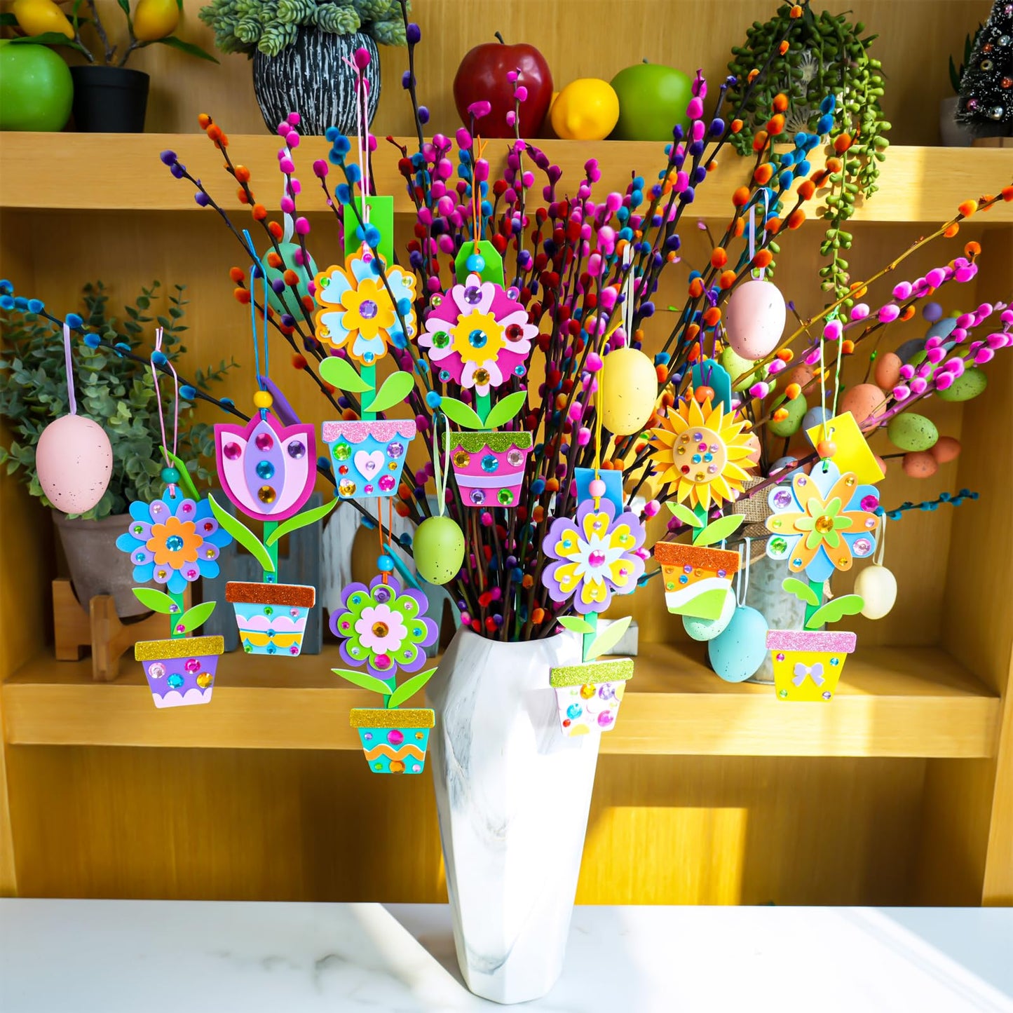 Winlyn 24 Sets Spring Potted Flower Craft Kits Kids Crafts DIY Potted Flower Ornaments Decorations Art Set Spring Flower Tulip Sunflower Stickers for Home Classroom Activities Party Favors
