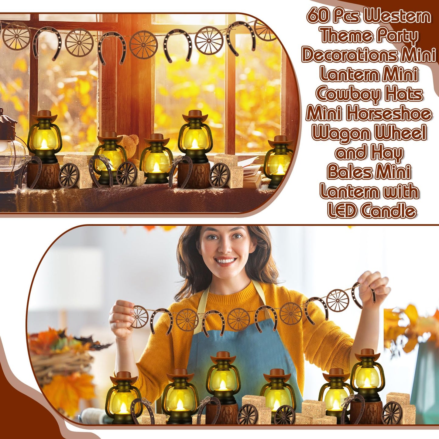 Ferraycle 60 Pcs Cowboy Theme Party Decoration Western Party Decor Rodeo Table Centerpieces Rustic Country Mini Cowboy Hat Lantern Horseshoe Wagon Wheel Hay Bales for Adult Cowgirl (Brown)