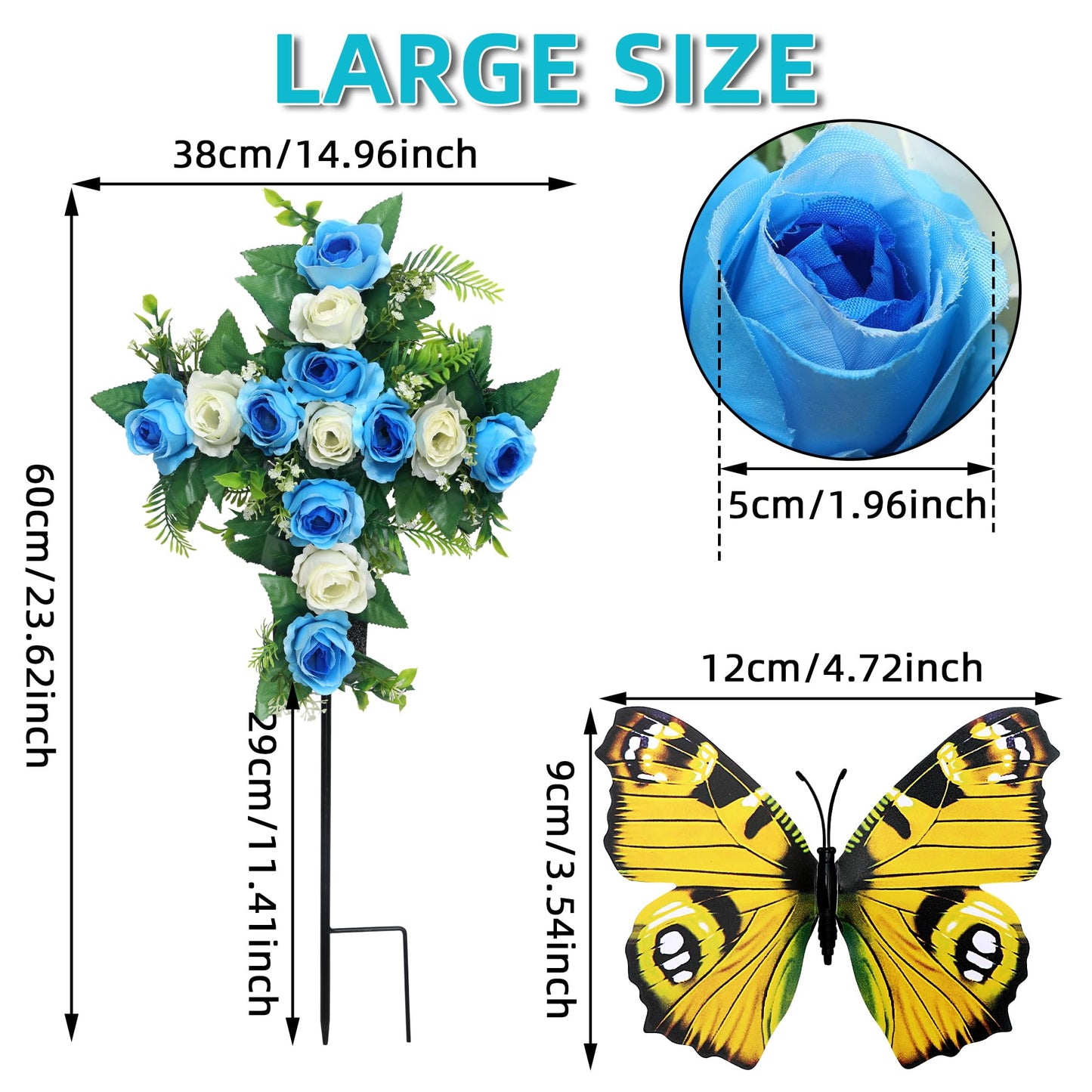 Hibsotco Artificial Cemetery Flowers,Set of 2 Faux Floral Cross,Artificial Rose Bouquet Decoration for Cemetery Headstones Gravesites,Silk Flowers for Long-Lasting Remembrance (Blue)