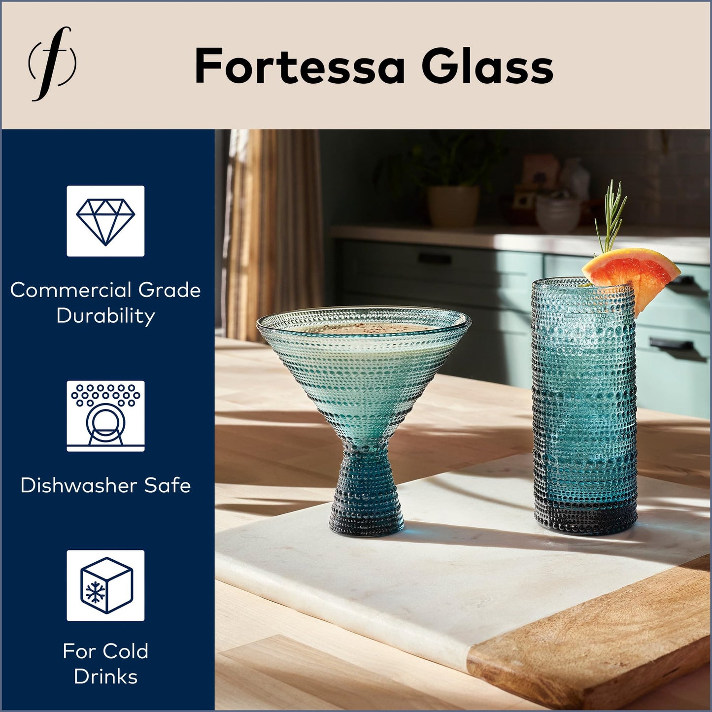 Fortessa Jupiter Beaded Hobnail Glass, 11.5 Ounce Martini (Set of 4), Cornflower Blue