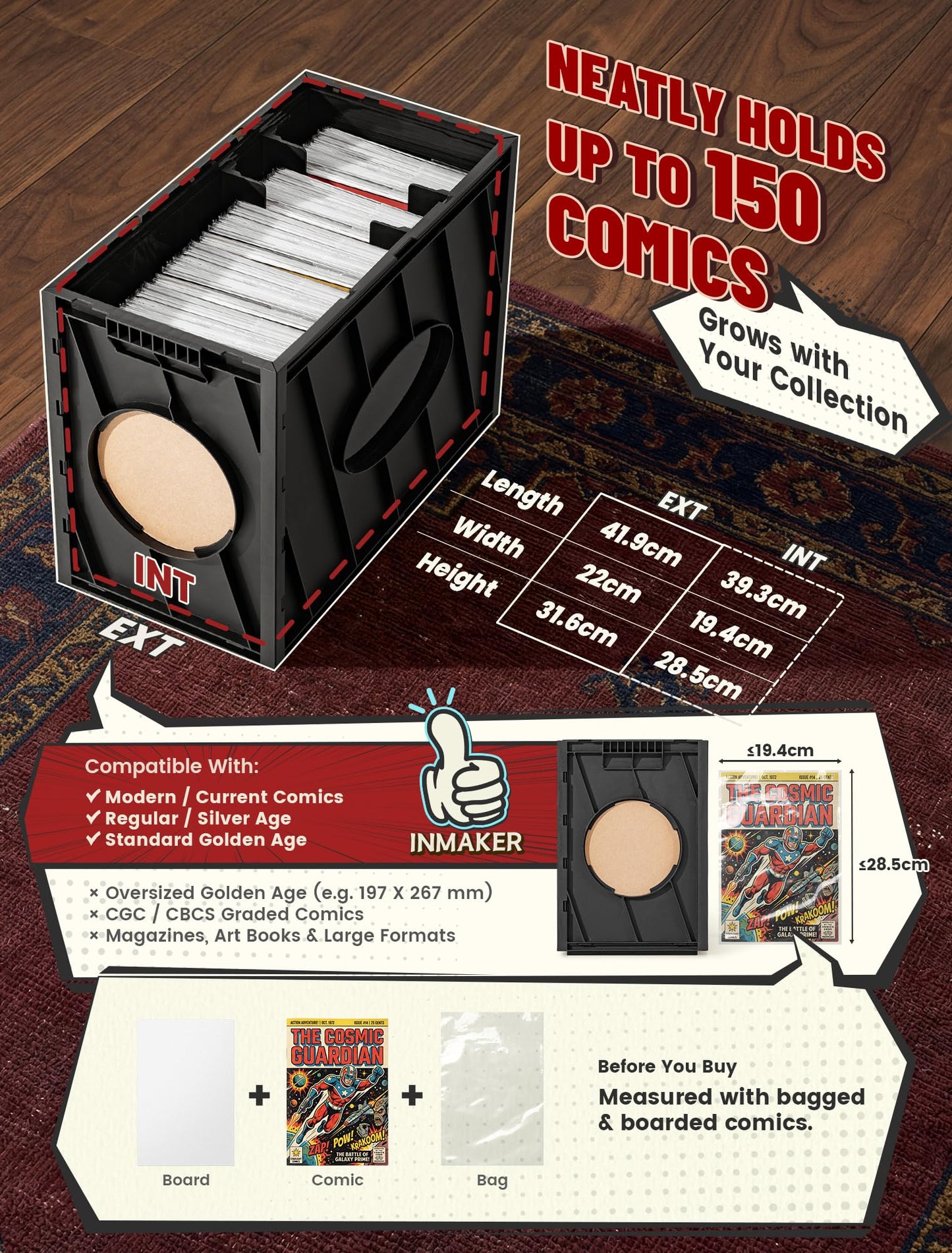 INMAKER Comic Book Storage Box, Holds Up to 150 Comics, Acid Free Plastic Book Bin with 2 Adjustable Dividers (Matte Black)
