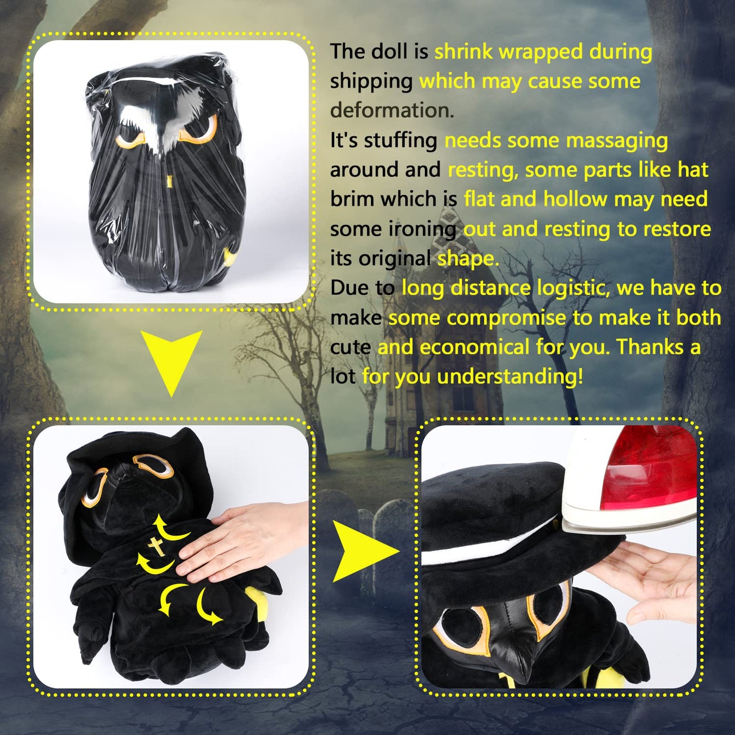 Plague Doctor Plush Toy, 35cm Spook Cute Stuffed Plushie Pillow Doll, Soft Fluffy Halloween Hugging Cushion Decor, Present for Kids and Adults