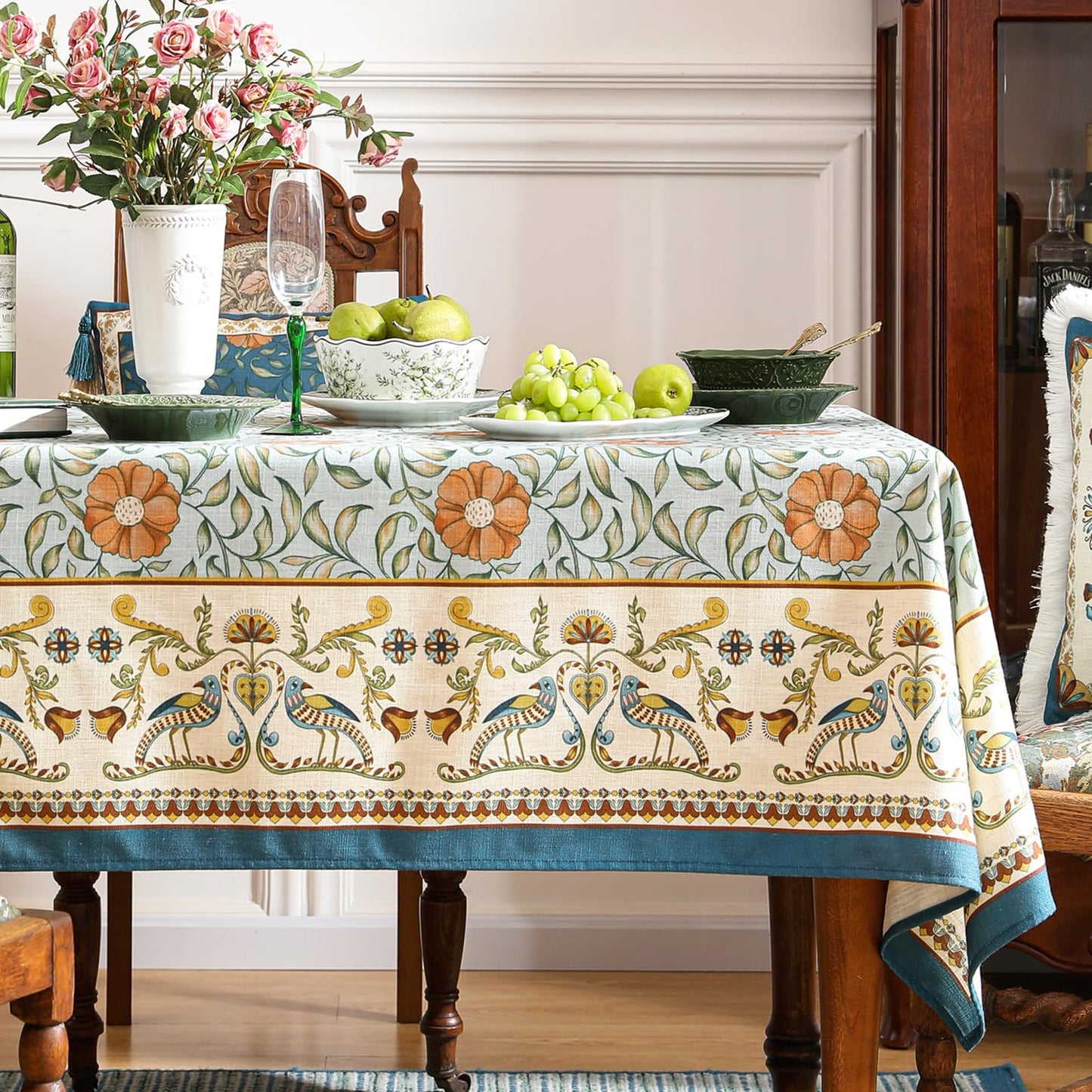 patdrea Designer French Rectangle Table Cloth,Blue Italian Floral Tablecloths,Provencal Country Spring Summer Linen Tablecloth,Wrinkle Free Table Cover for Kitchen Dining,Christmas,55" x 71"
