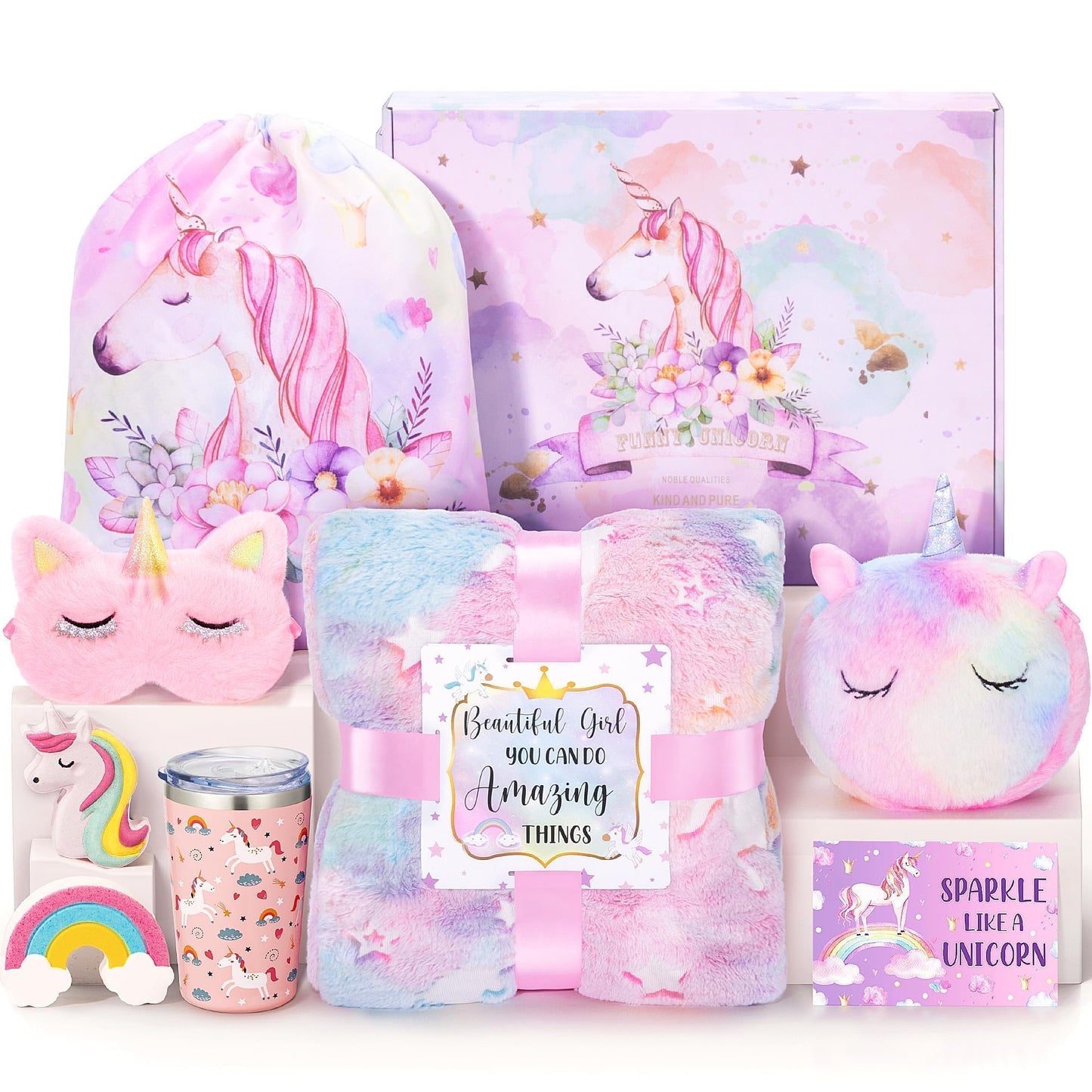 Unicorn Gifts for Girls 4-6 6-8, Birthday Valentines Gifts Set for Girls Age 4 5 6 7 8 9+ Year Old Tween Teen Girl Trendy Stuff Kids Unicorn Toys with Glow in The Dark Blanket Purse for Daughter Niece
