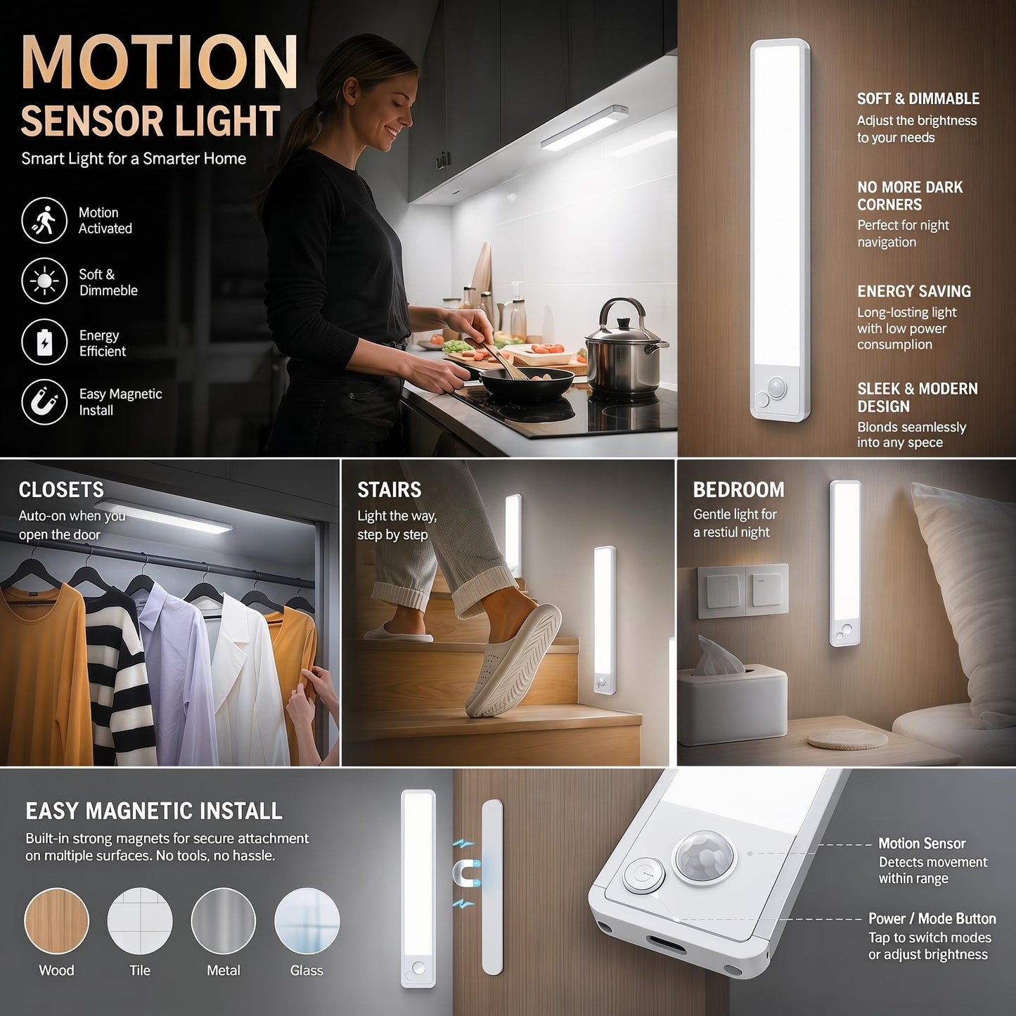 Under Cabinet Motion Sensor Lighting: Dimmable Rechargeable Lights Indoor - Battery Operated Lights - Undercabinet Wireless Closet Light Magnetic Led Light for Kitchen Home Bathroom Counter 5 Pack