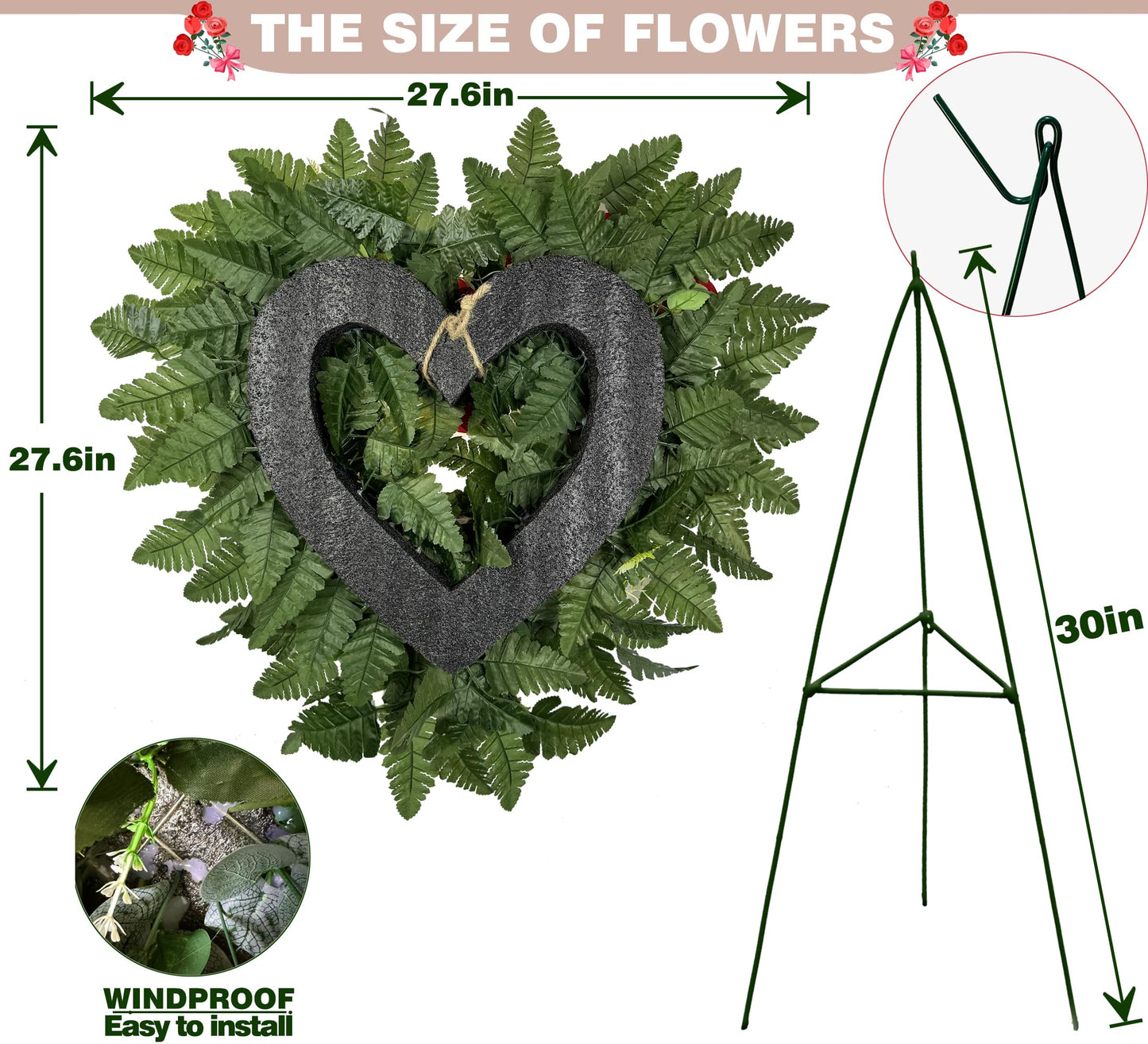 SUHOOKOO Cemetery Flower - Ebullient Remembrance Standing Heart, Grave Wreath with Easel Stand,Memorial Floral-Red Rose Hibiscus/White Lily-27 Inch