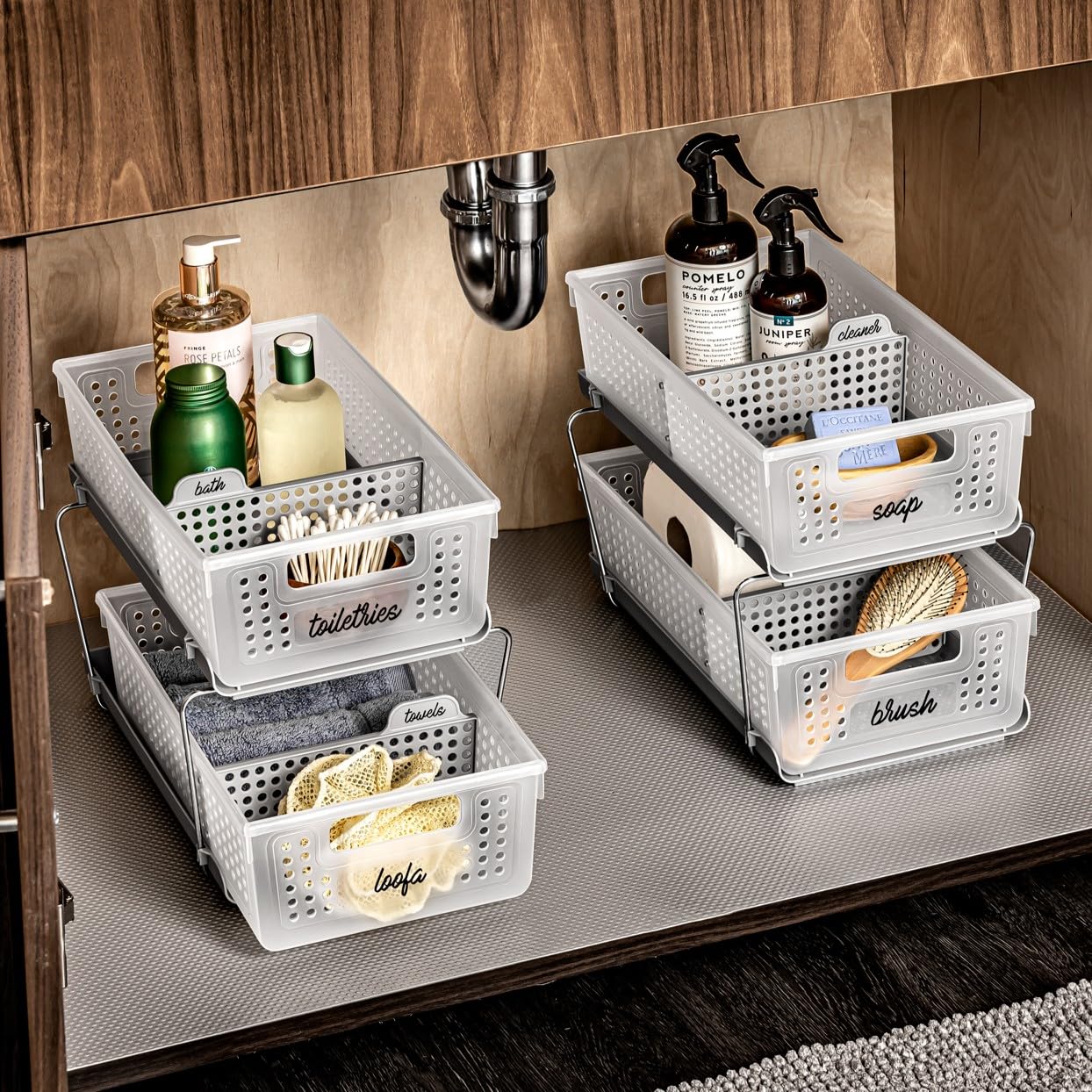 madesmart Stackable 2-Tier Organizer, 2 Pack, Multi-Purpose Slide-Out Storage with Extra Set of Legs, Handles and Dividers for Home and Bath, BPA Free, Frost 2 PACK