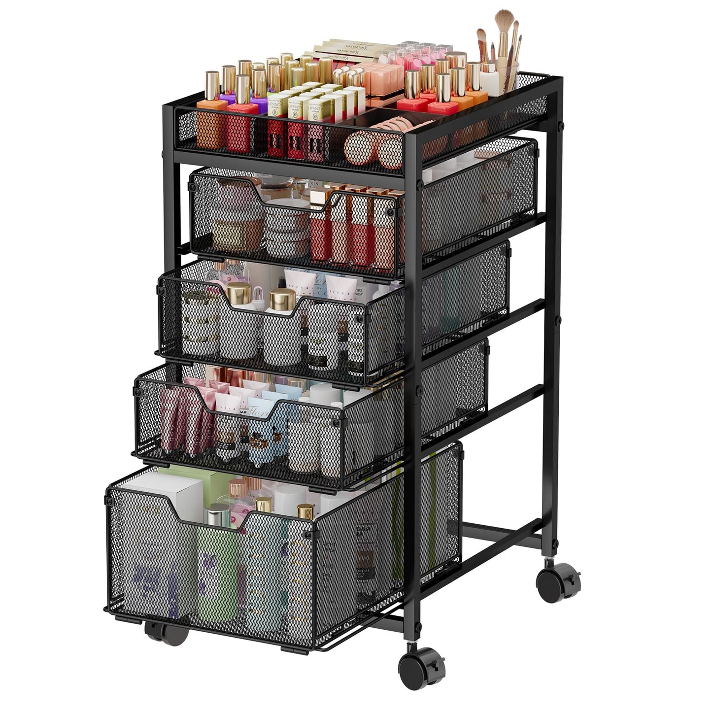 5-Tier Rolling Makeup Cart Organizer with 4 Drawers, Cosmetics Display with Dividers, Floor Skincare Storage with Wheels, Versatile Vanity Organizer for Nail Polish Perfume Brush Hair Tool, Black