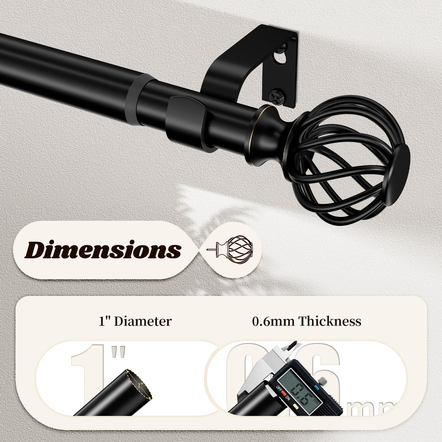 Curtain Rods for Windows 36-120 Inch(3-10Ft), Matte Black Long Decorative Curtain Rod Adjustable, Heavy Duty 1 Inch Drapery Rod for Living Room Bedroom Kitchen Outdoor