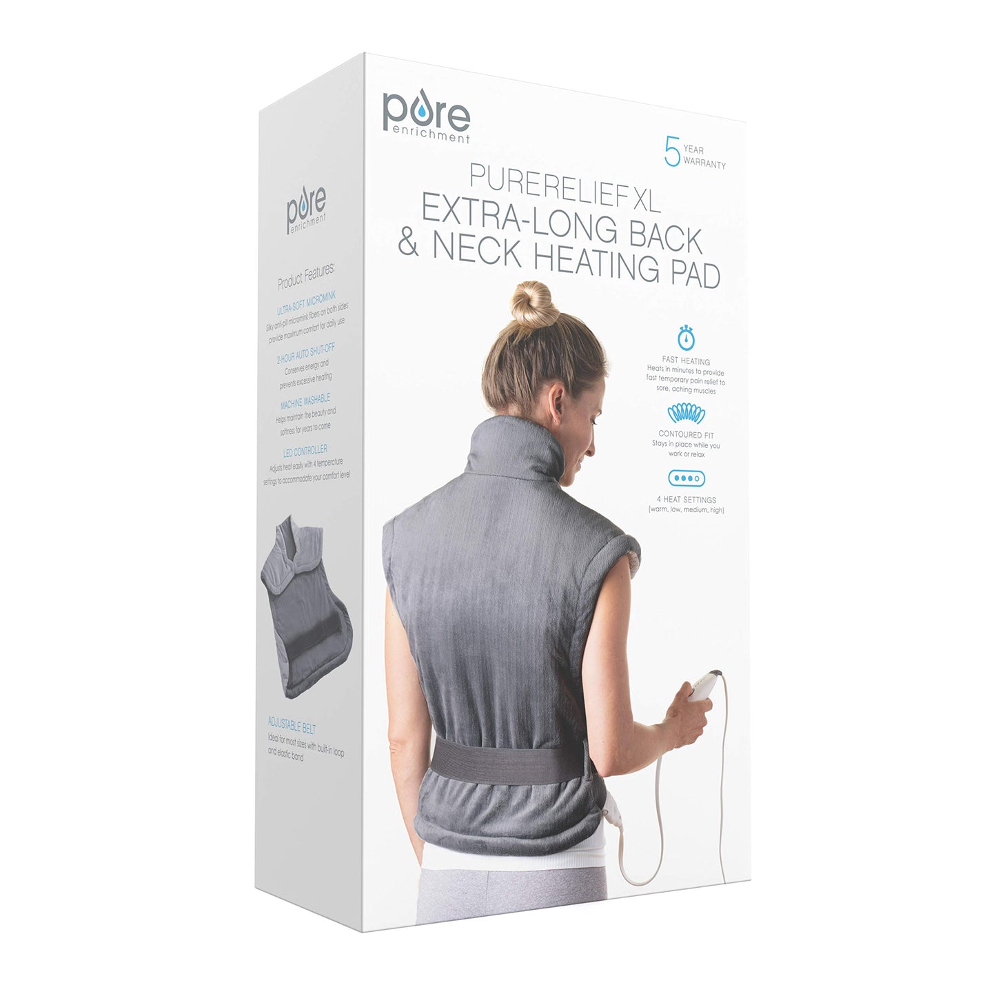Pure Enrichment PureRelief XL Extra-Long Back & Neck Heating Pad, Safe Heat Therapy for Sore Muscles, Pain, & Cramps in Neck, Back, & Shoulders, 4 Heat Settings w/Auto Shut-Off, Soft Fabric (Gray)