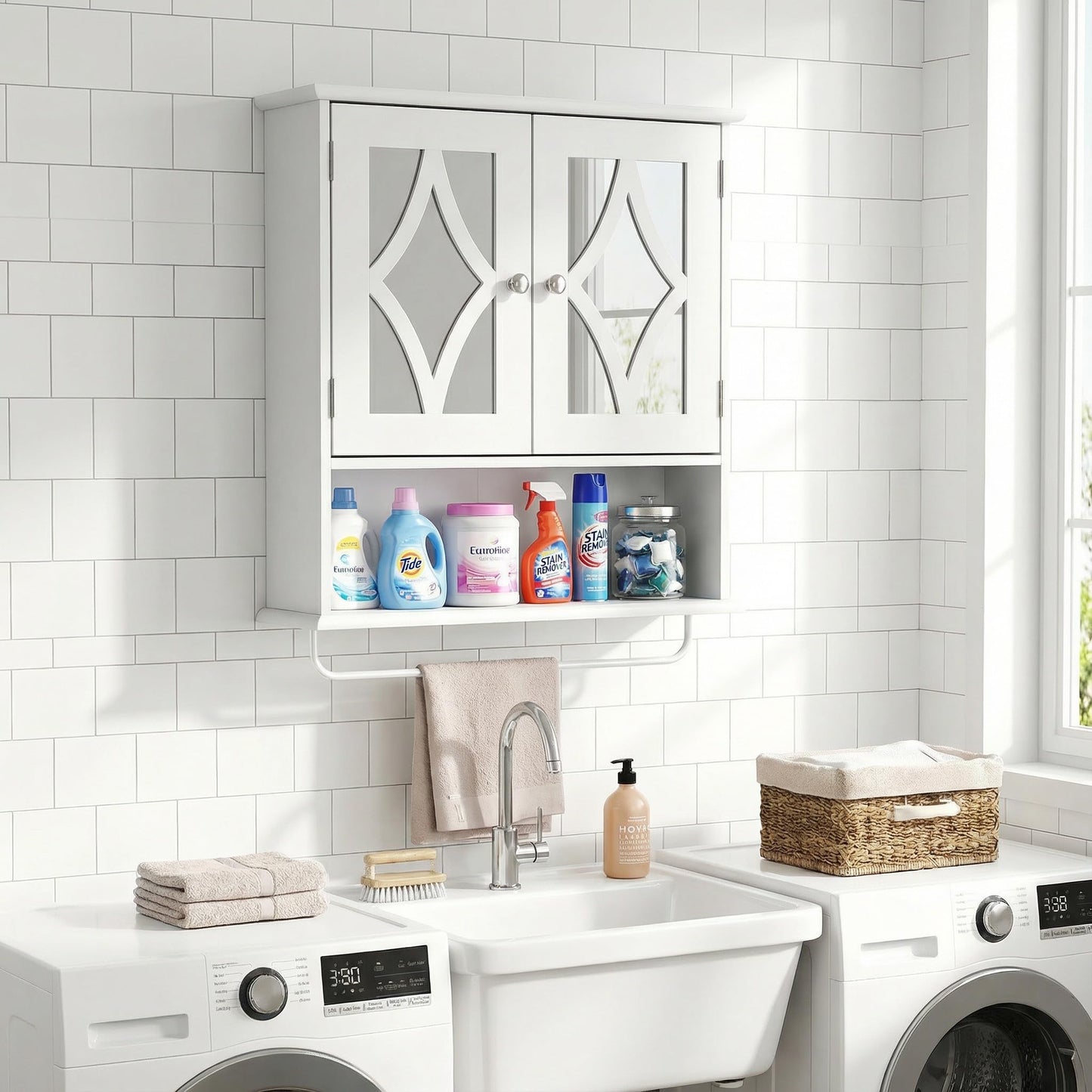 RoyalCraft Bathroom Wall Cabinet with Mirror, Over the Toilet Storage Cabinet with Towel Rack and Adjustable Shelf, Large Bathroom Medicine Cabinet Wall Mount 22x25 inch (White)