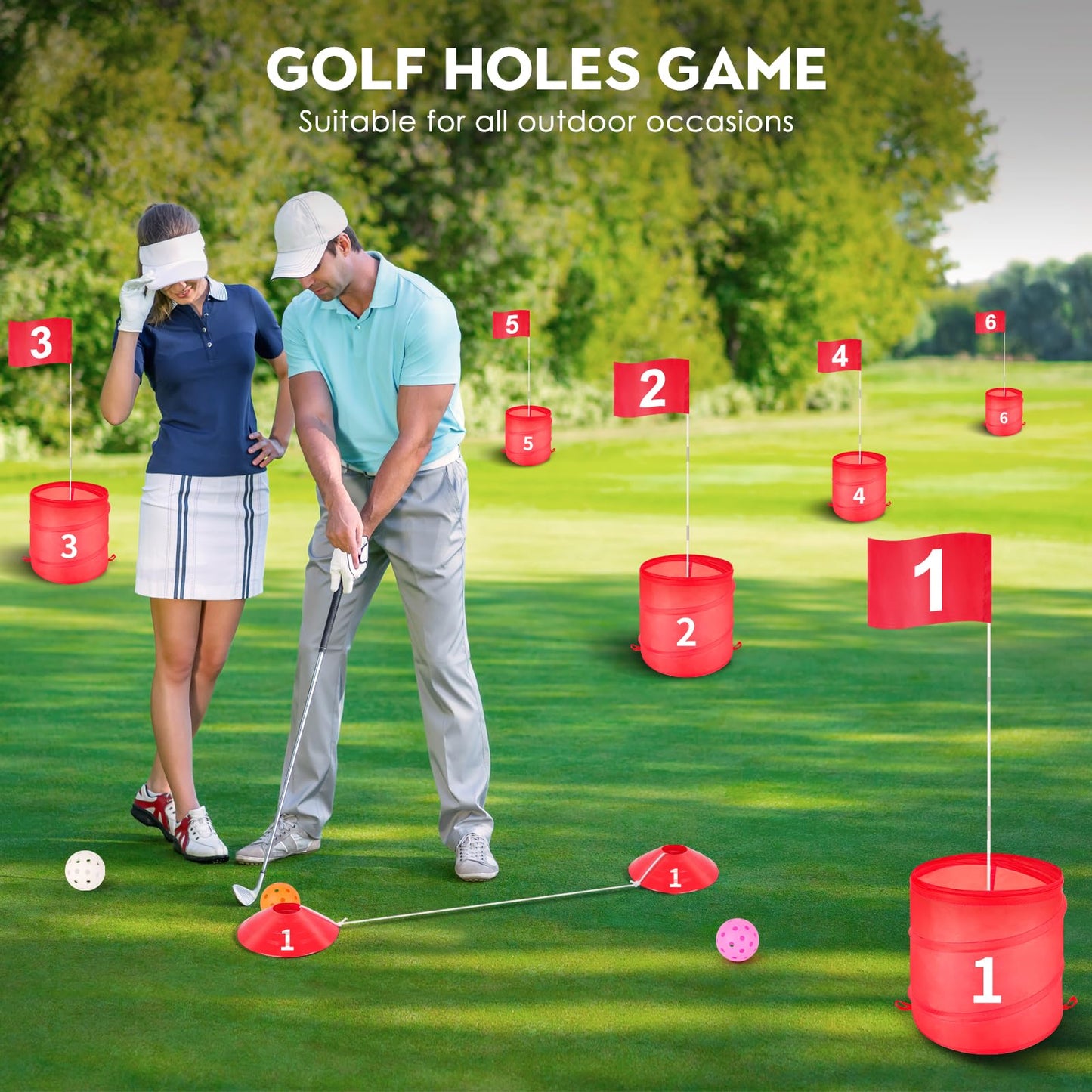 Golf Bucket Outdoor Yard Games, Golf Practice Toys for Family, Adults and Kids, Portable Golf Course for Backyard, Lawn, Park, Beach, Camping (9 Hole Course)