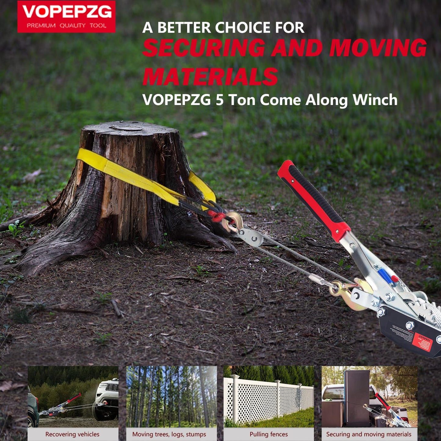 VOPEPZG Come Along Winch,5 Ton Capacity with 11.5FT Steel Cable,Heavy Duty Come Along Tool with Dual Gears,3 Hooks,Hand Winch Tool for Road Vehicle Recovery and Pulling Tree,Fence Stretcher,Frame