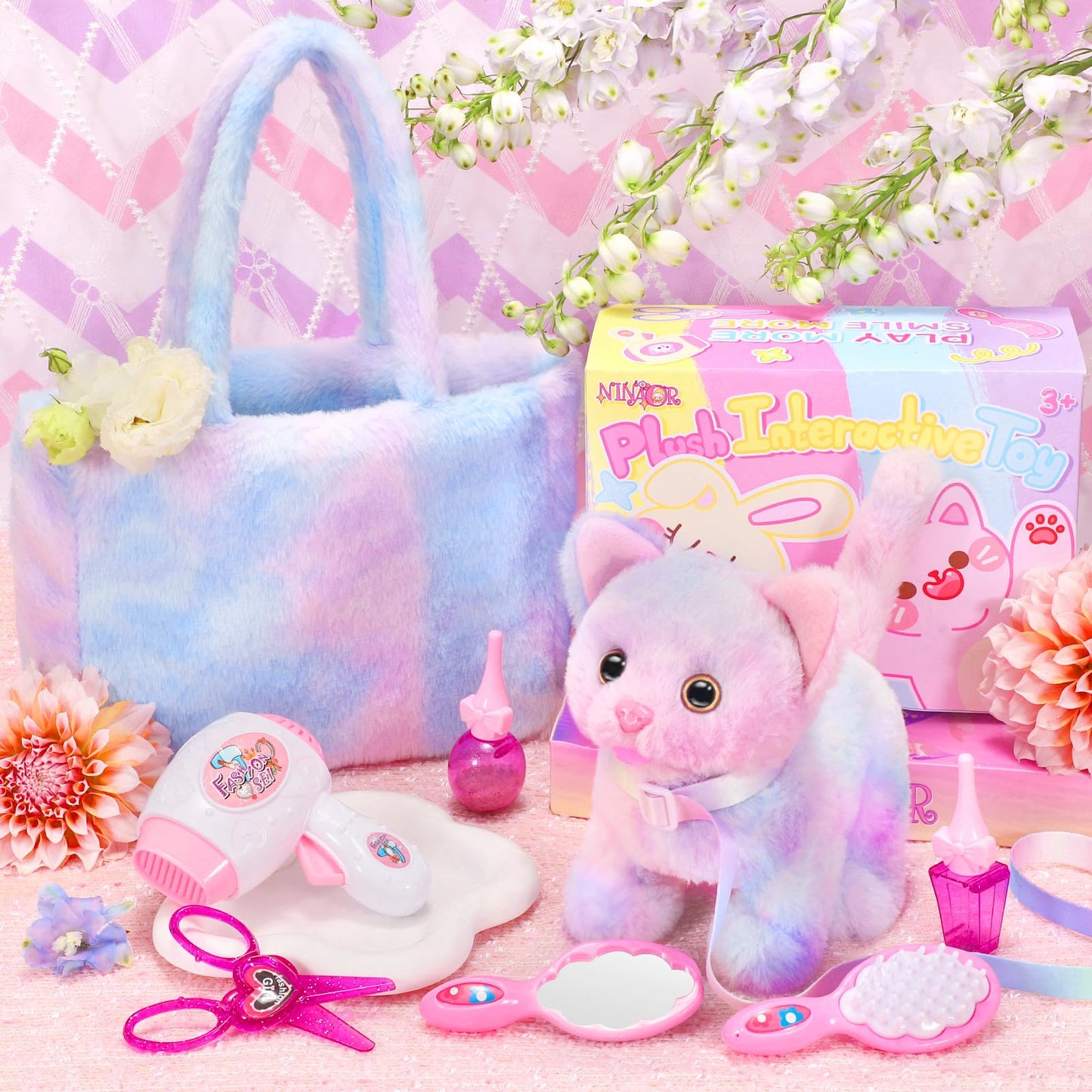 NINAOR Plush Toys for Kids Pretend Play with Crossbody Bags, Interactive Cow Stuffed Animals Pet Care Plushies Cute Stuff