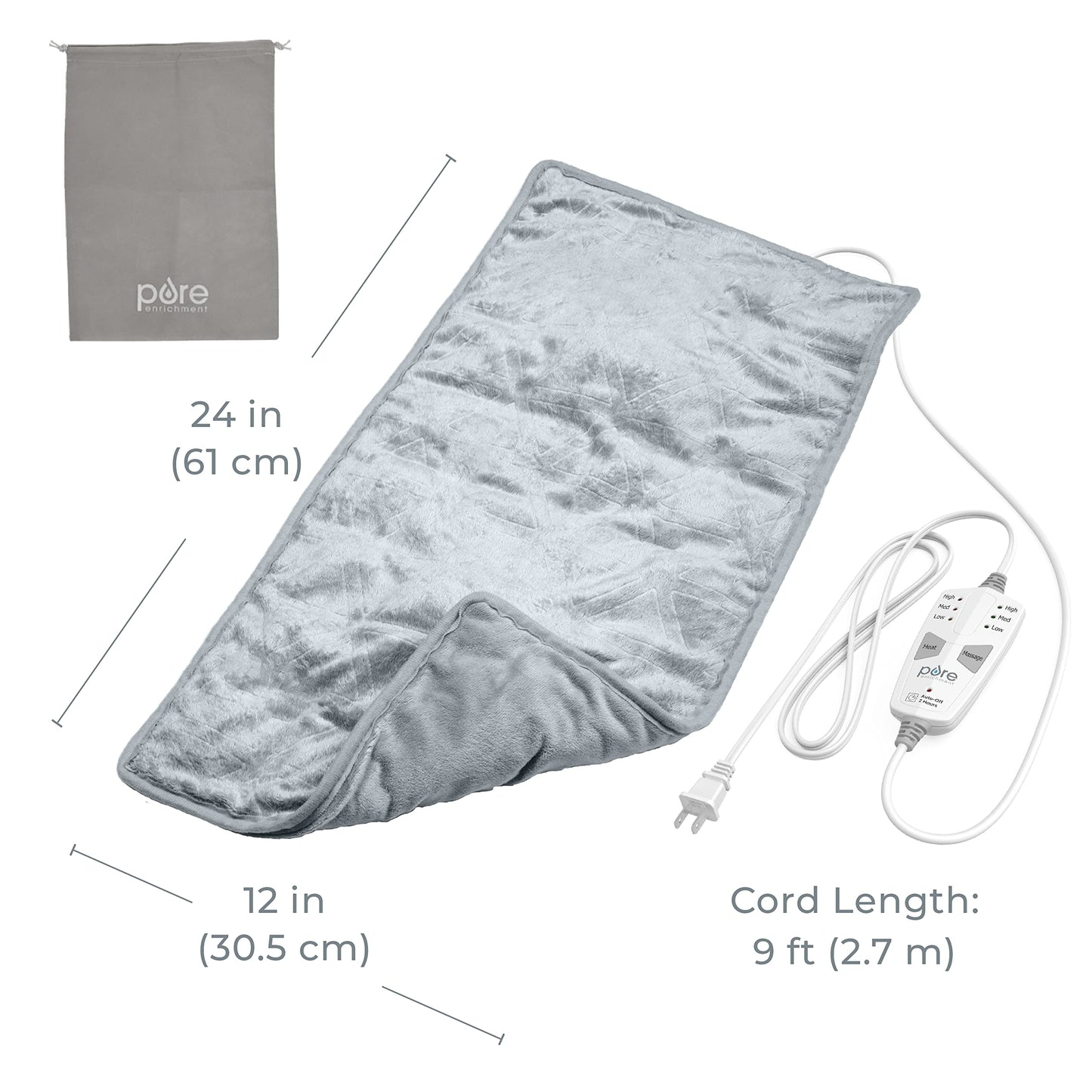 Pure Enrichment WeightedWarmth 3-in-1 Heating Pad - 3 InstaHeat™ Settings, 3 Massage Speeds & 4.1 lbs of Weighted Pressure for Menstrual Cramps, Shoulder, Neck & Back Pain - 12” x 24” (Steel Gray)