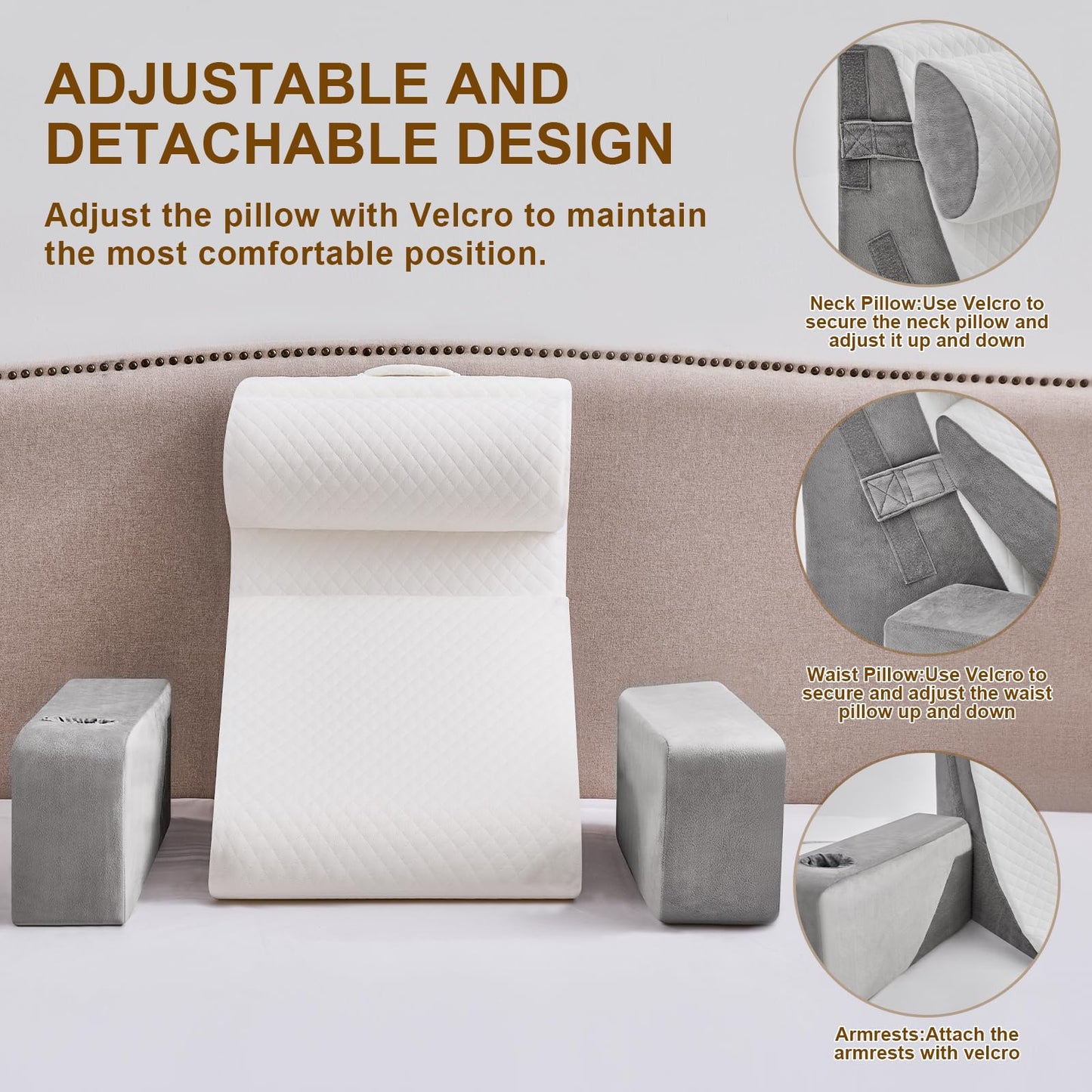 Reading Pillow for Sitting in Bed Adult, Back Pillow for Bed Sitting up with Arms, Pockets and Cup holder, Sit Up Backrest Pillows for Beds Chair Support, Rest Pillow for Gaming (Light gray, 5PCS)