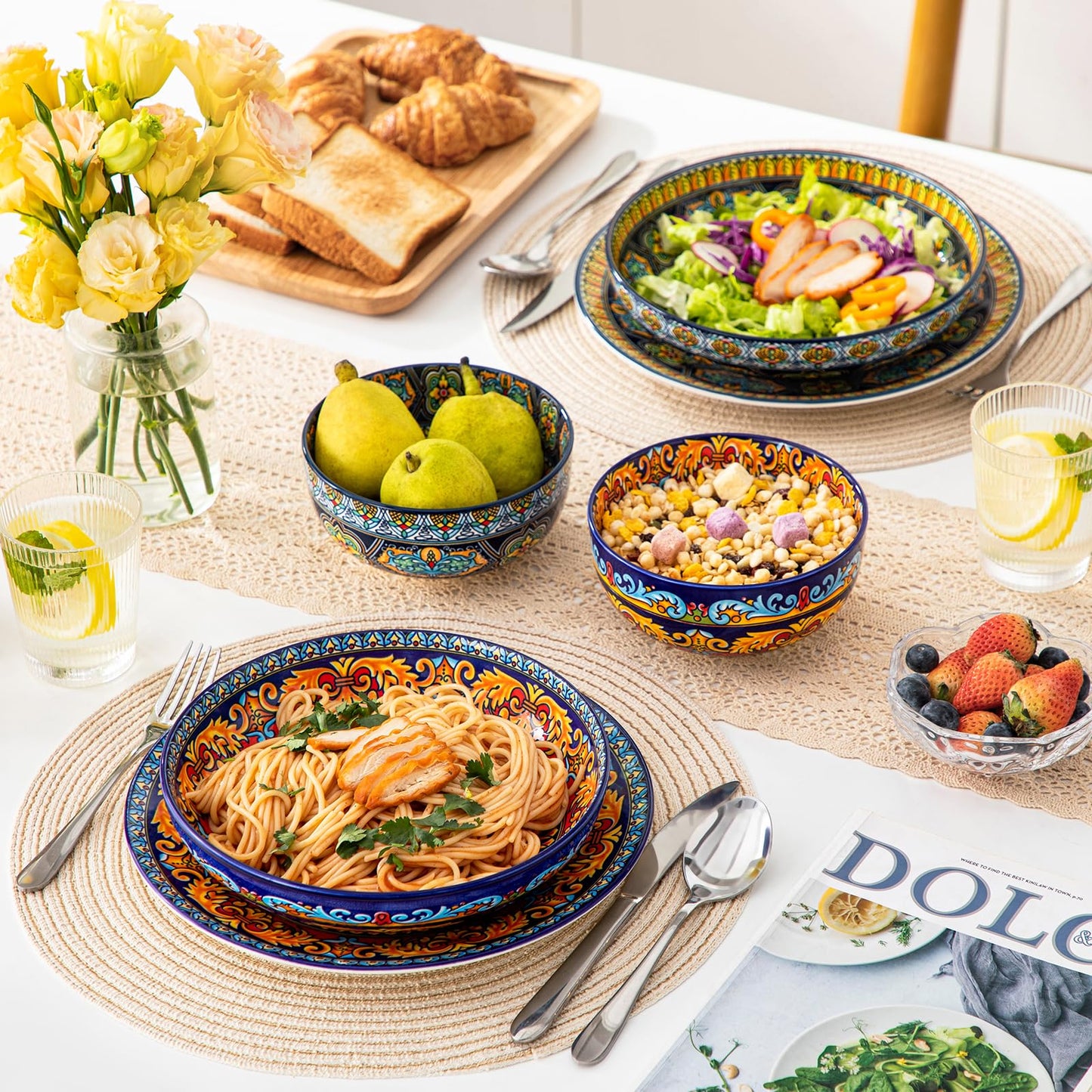 vancasso Pasta Bowls Set of 4, Ceramic Salad Serving Bowls, 42Oz Large Pasta Bowls, 8.7 in Colorful Bowl Plates for Soup, Bohemian Shallow Bowls for Kitchen, Microwave & Dishwasher Safe