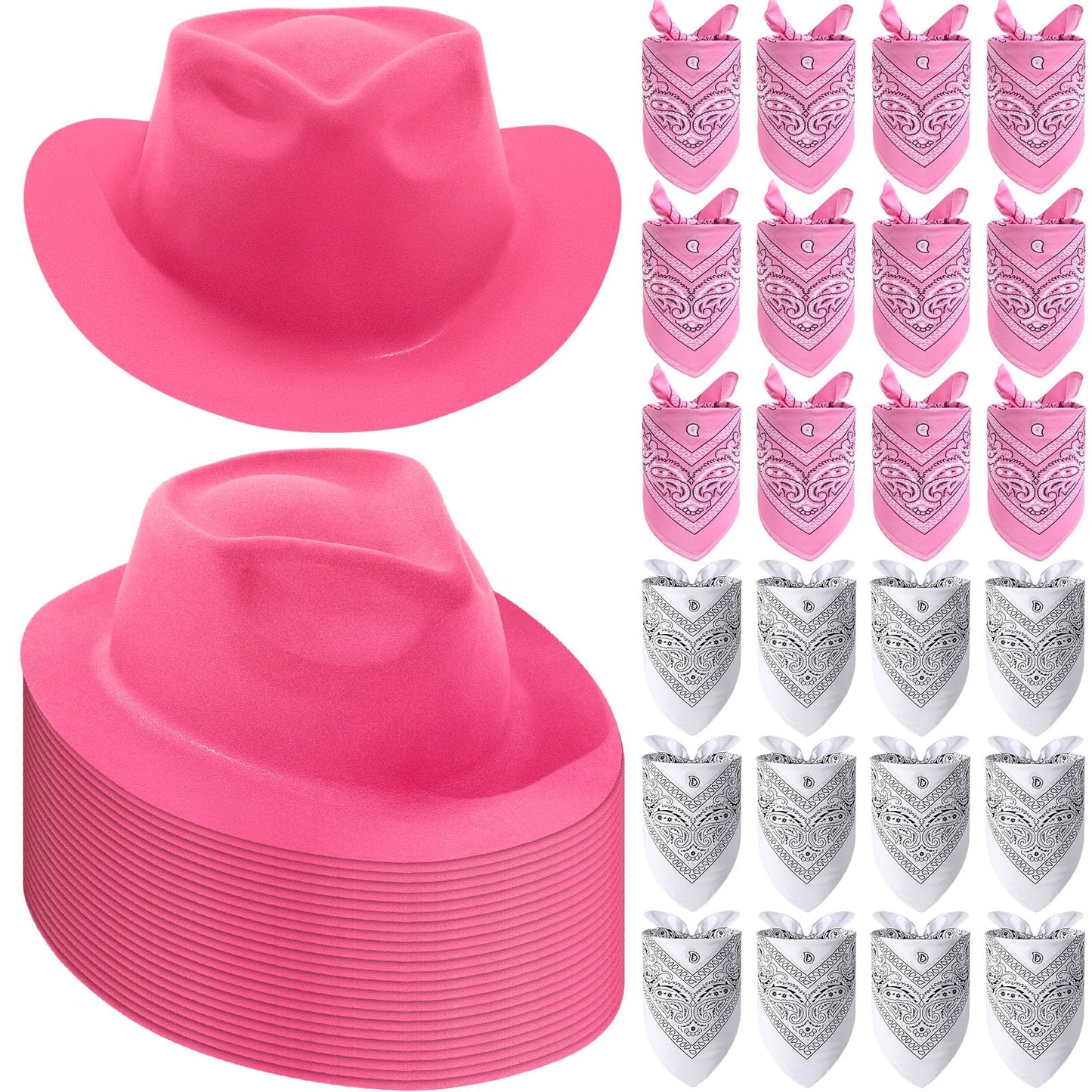 48 Pack Cowboy Hat and Bandana Set, Cowgirl Hats for Boys Girls Felt Cowboy Party Hat Cowboy Western Bandanas for Party(Pink, White)