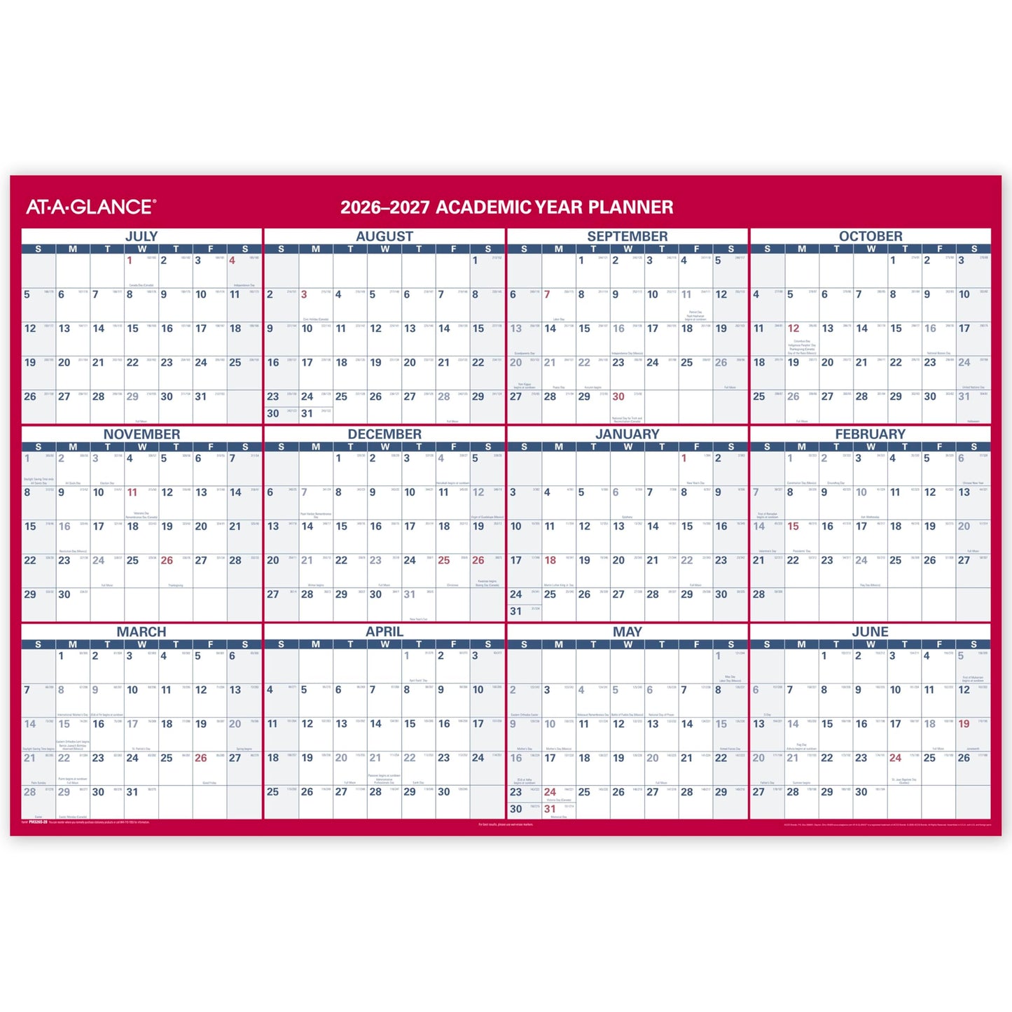 AT-A-GLANCE Dry Erase Calendar 2026-2027 Academic & Regular Year Wall Planner, 12-Month, 48" x 32", Double Sided, Horizontal (PM326S28)