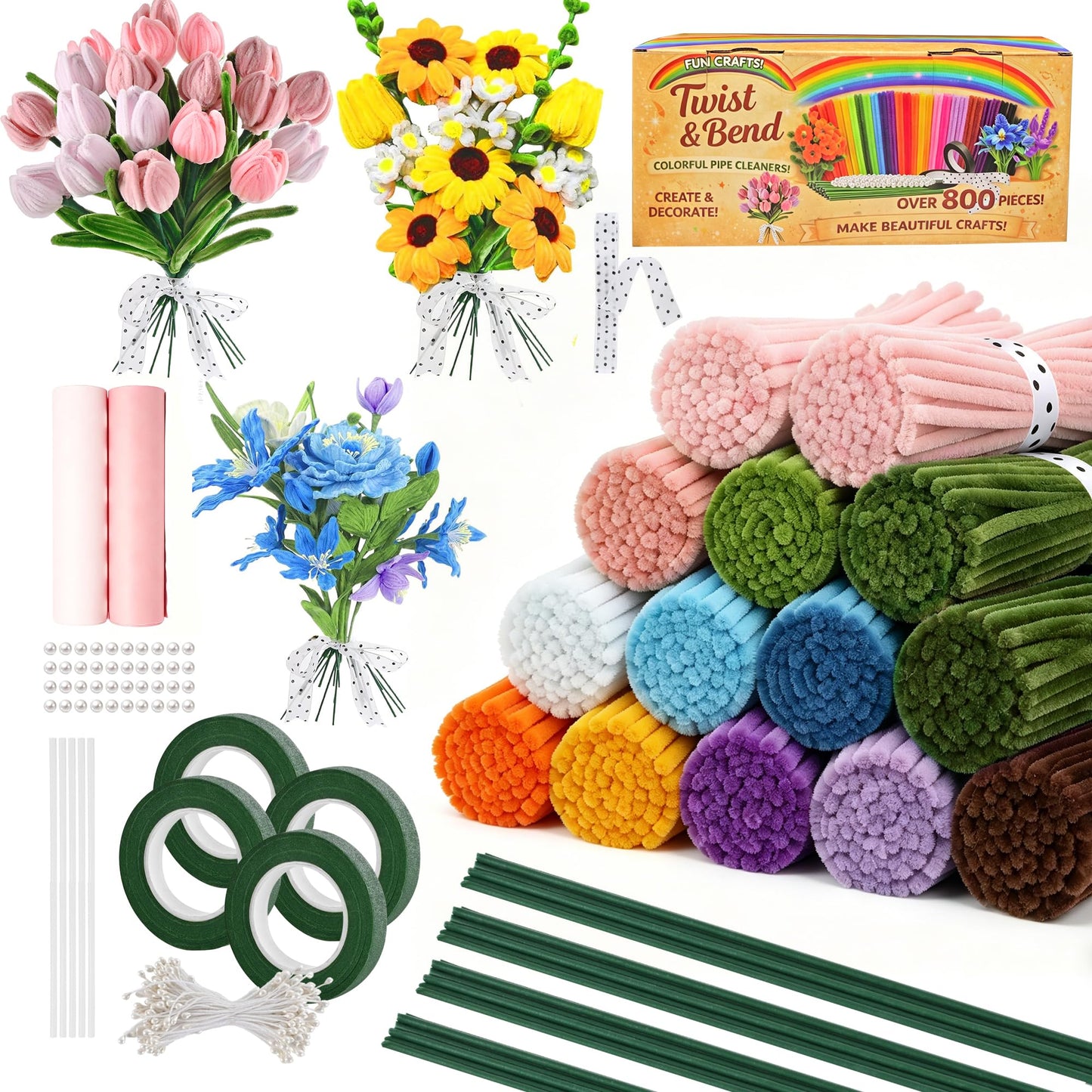 700 Pieces Pipe Cleaner Flower Kit, 12 Colors Chenille Stems Craft Kit with Floral Wire, Tape, Stamen, Ribbon, Pearls & Wrapping Paper, DIY Pipe Cleaner Flowers for Crafts, Gifts, School Projects