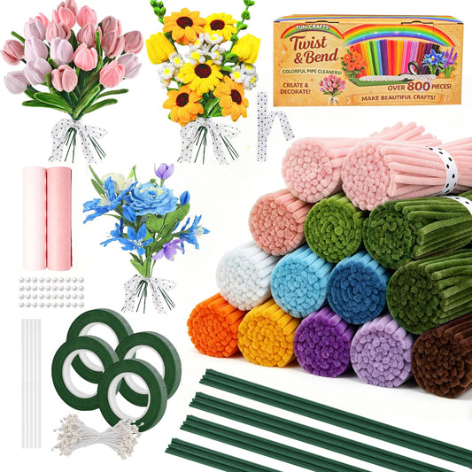 700 Pieces Pipe Cleaner Flower Kit, 12 Colors Chenille Stems Craft Kit with Floral Wire, Tape, Stamen, Ribbon, Pearls & Wrapping Paper, DIY Pipe Cleaner Flowers for Crafts, Gifts, School Projects
