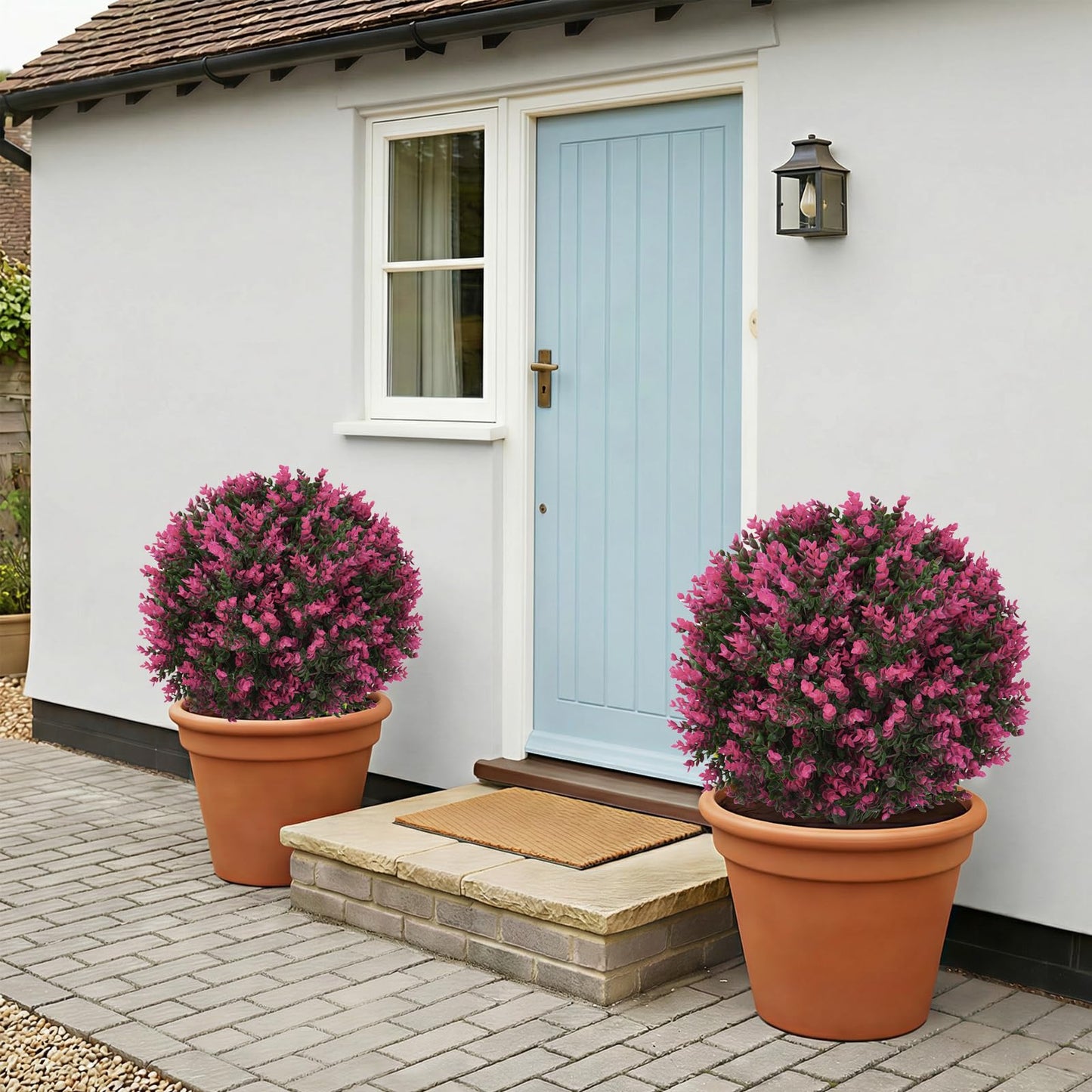 Quirlory Artificial Red Eucalyptus Topiary Ball Trees 24", Lush Dense Foliage Fake Plants Pair with Ground Spike, UV Resistant Faux Evergreen Plants for Outdoor Indoor Planters Front Porch