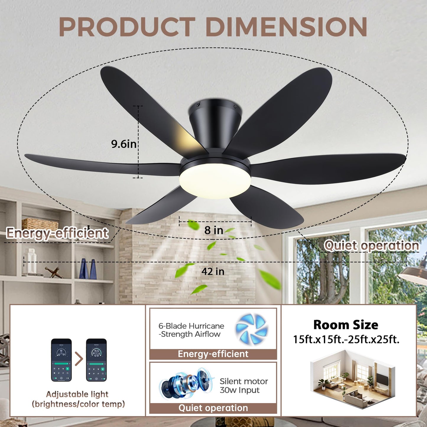 GJeg Ceiling Fans with Lights,42" Low Profile Ceiling Fan with Light and Remote Control,Flush Mount, Reversible, Dimmable, Noiseless, Black Ceiling Fan for Bedroom
