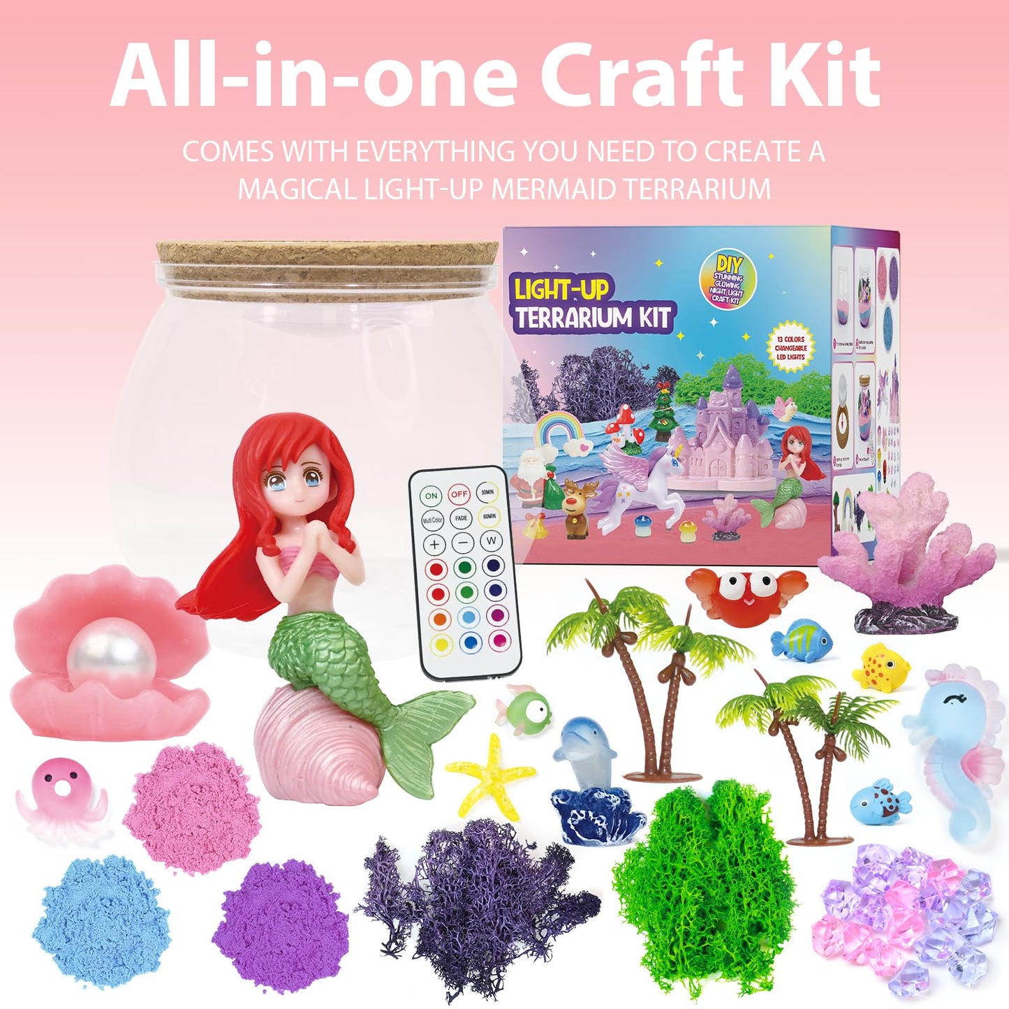 lonfypeng Mermaid Terrarium Kit - DIY Craft Kit for Girls Ages 4-12 - LED Night Light & Remote Control - Fantasy Themed Science Kit