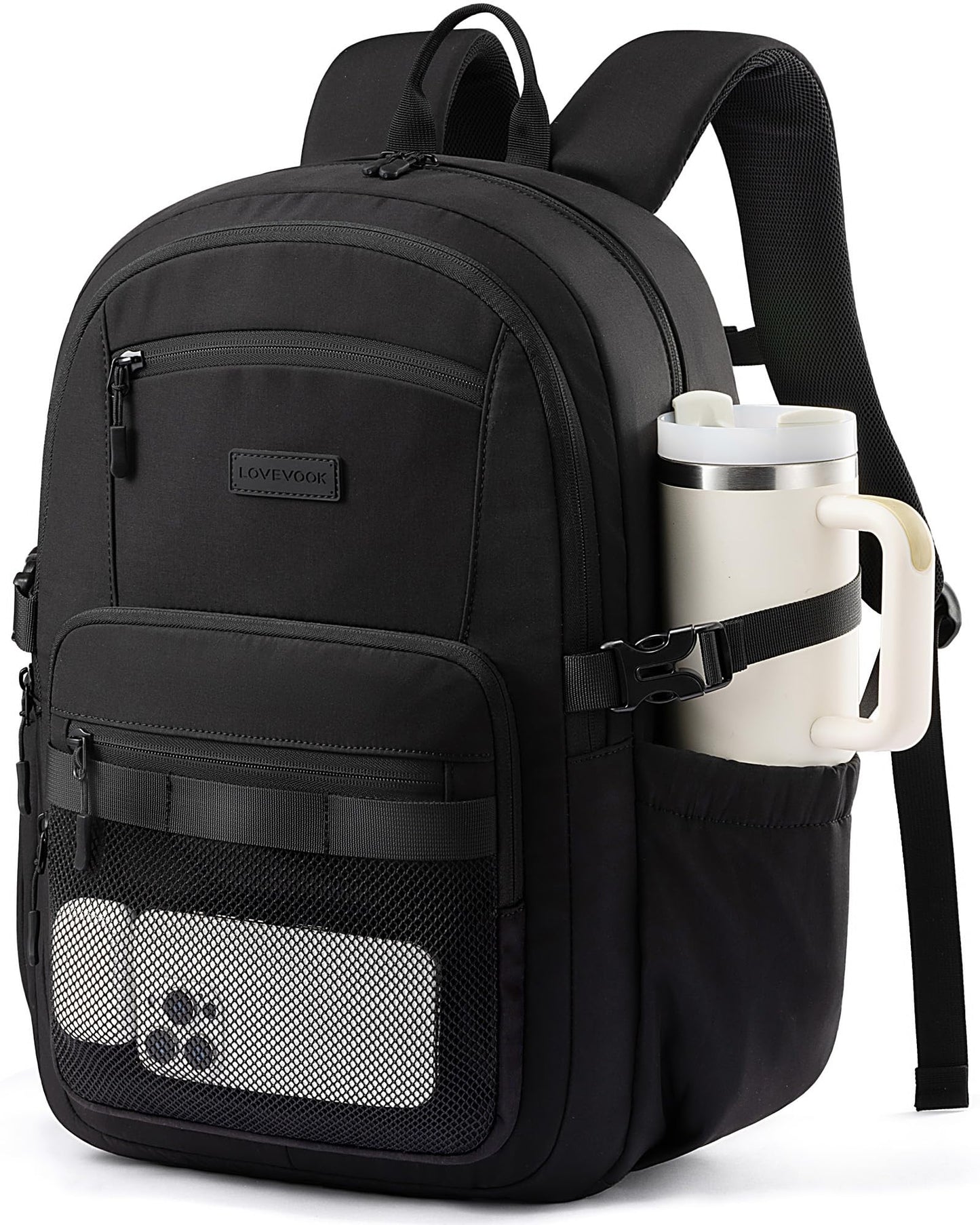 LOVEVOOK Laptop Backpack Women/Men with 40oz Cup Holder Buckle Strap, 17.3 Inch Tech-Ready Work Backpack, TSA-compliant for Travel & College with Versatile Mesh Pocket, Black