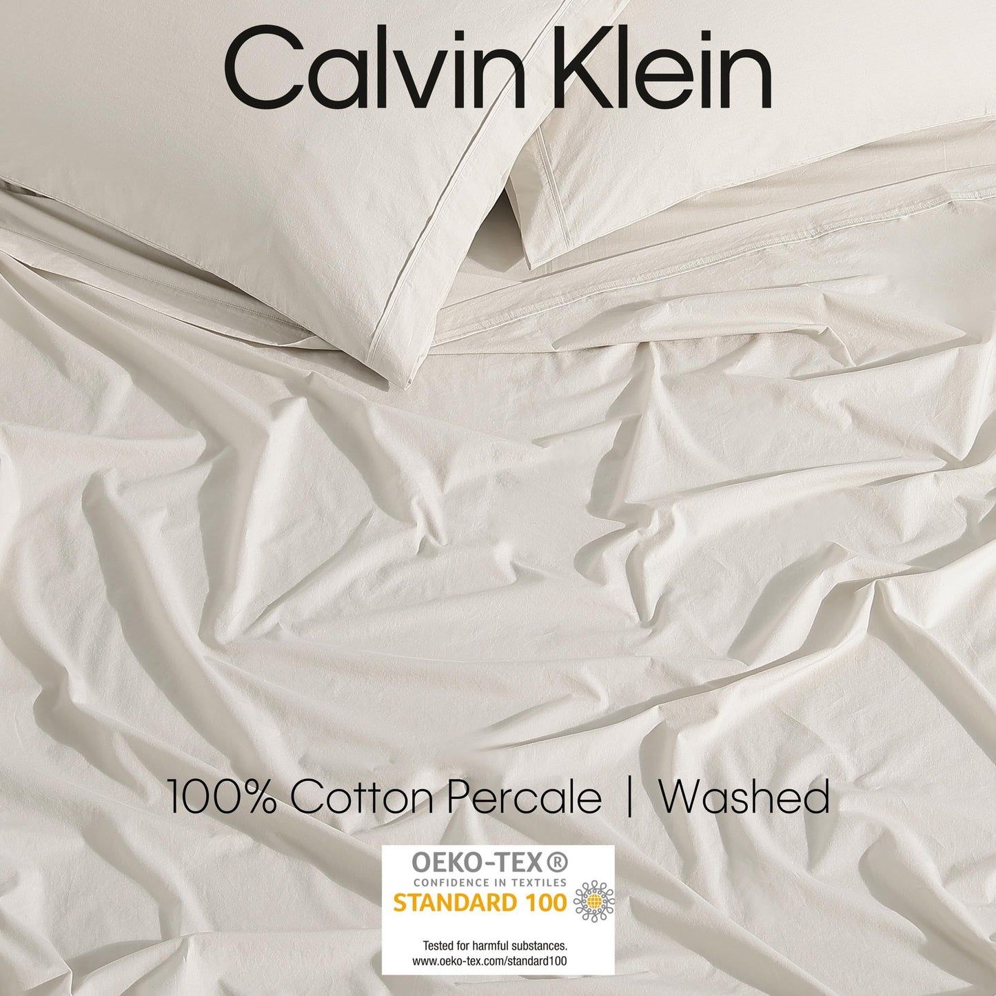 Calvin Klein - Queen Sheet Set with Fitted Sheet & Pillowcases, 100% Cotton Percale Bedding, Crisp & Cool, Deep Pocket, Washed Percale Light Beige