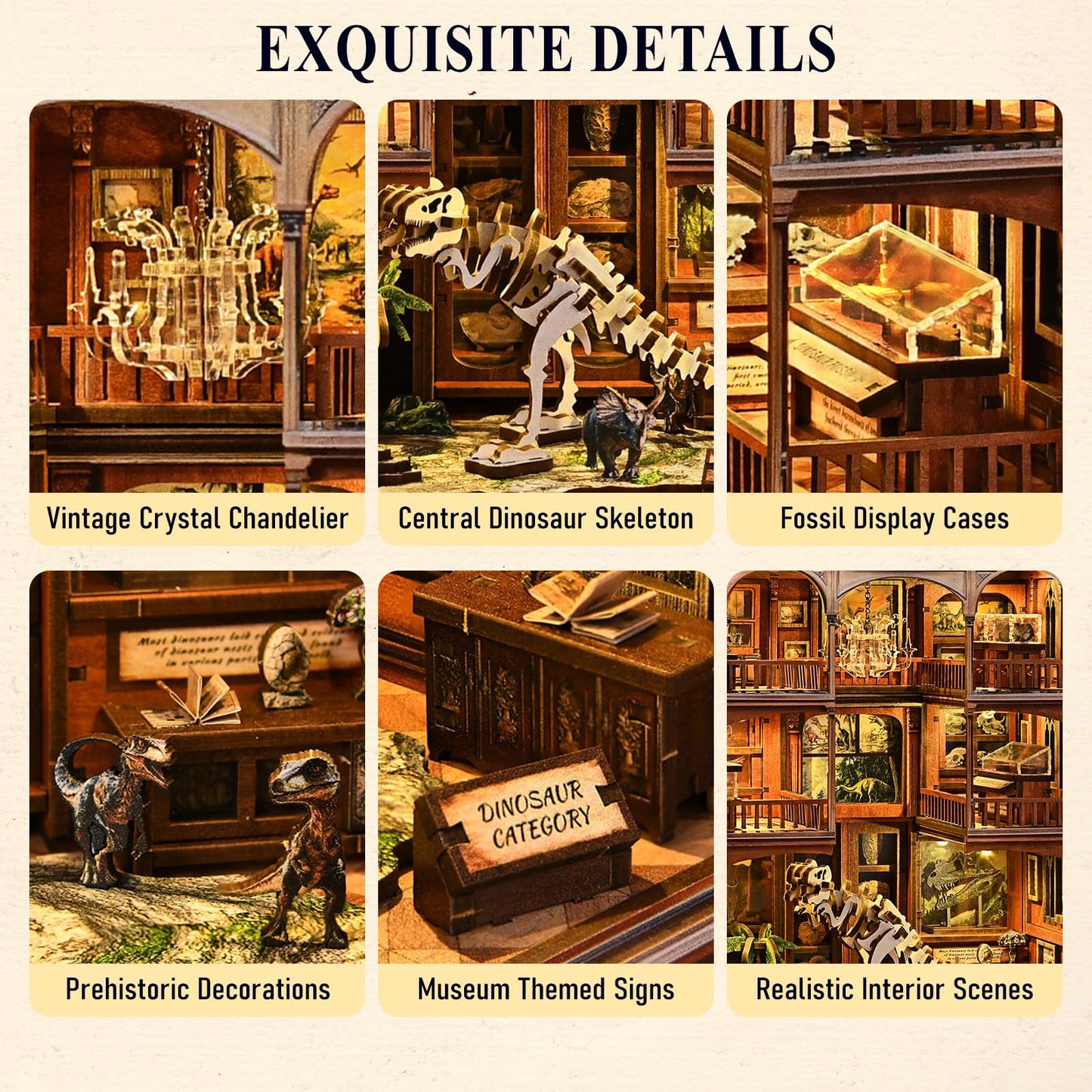 3D Puzzles for Adults DIY Book Nook Kit - Wooden Bookshelf Decor Miniature House Kit, Book Nook for Bookshelf with LED Light, Dinosaur Fossil Museum Bookend Craft Gift for Teens