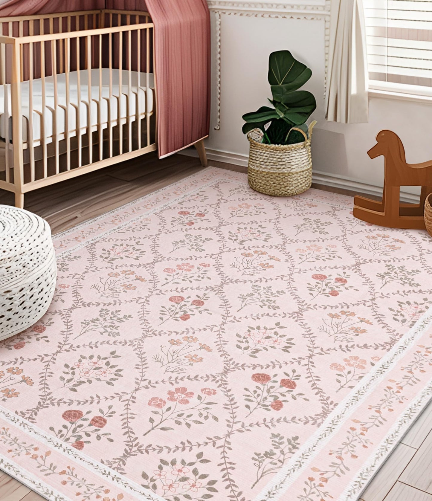 YIHOUSE 5x7 Pink Floral Rug for Bedroom Girls, Washable Area Rugs for Living Room Non Slip Ultra-Thin, Soft Throw Carpet for Nursery, Kids Playroom, Classroom, Home Office Decor