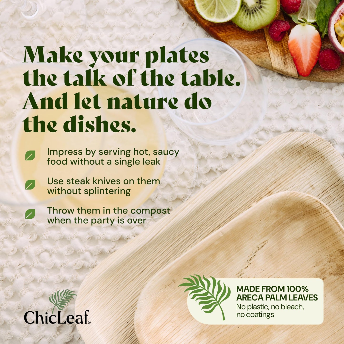 Chic Leaf Palm Leaf Plates - 10" Round - 50 Pack of 100% Compostable, Biodegradable & Disposable Bamboo Plates - Heavy Duty, Sturdy Paper Alternative for Wedding Desserts & Events