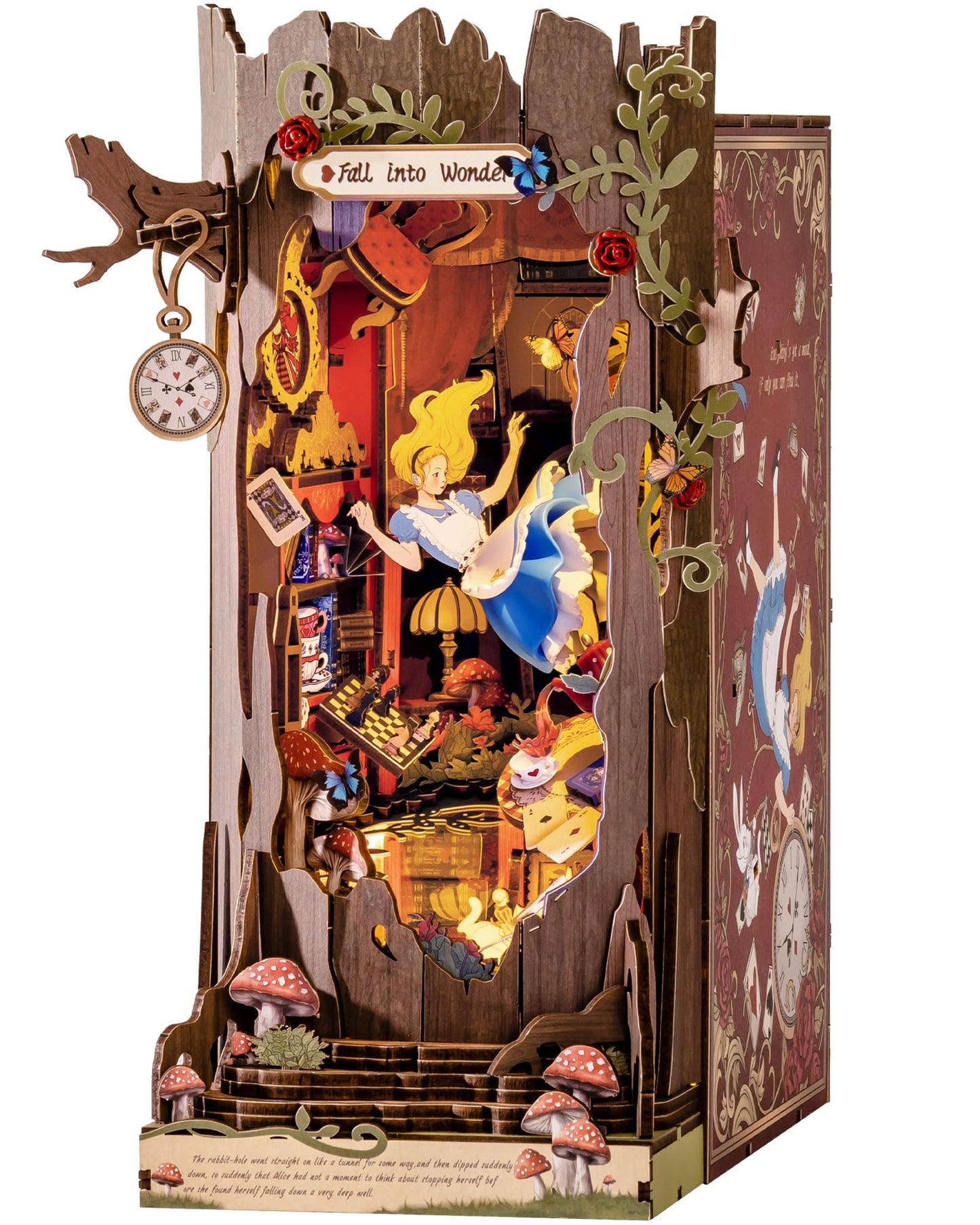 Rolife Book Nook Kit Fall into Wonder DIY Miniature Kit, 9.9" Tree Hollow Booknook 3D Wooden Puzzle with LEDs Fairy Tale Bookshelf Decor Gift for Adults & Teens