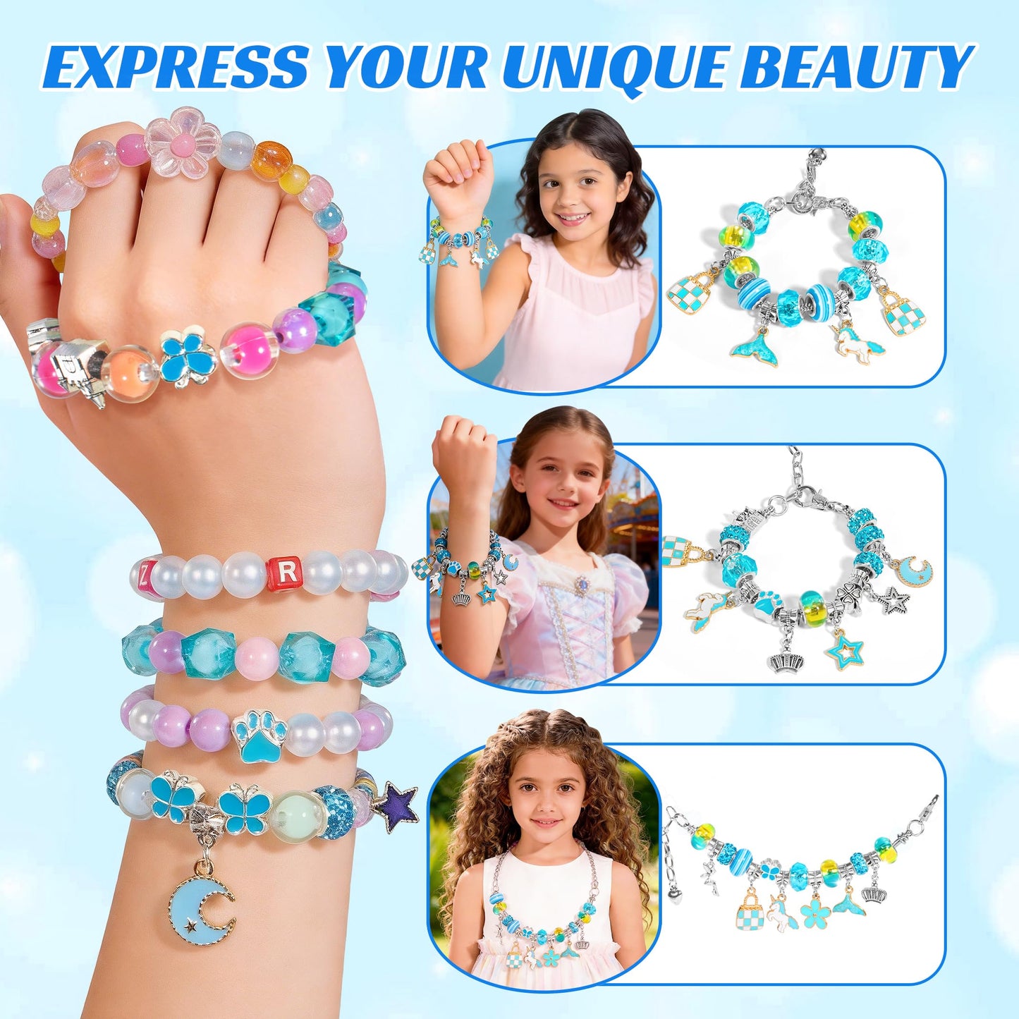 WOANZZ Charm Bracelet Making Kit, DIY Jewelry Making Kits for Girls 8-12, Jewelry Box with Beads Necklace Kit Crafts Birthday for 6 7 8 10 11 12 Year Old Girl, Blue