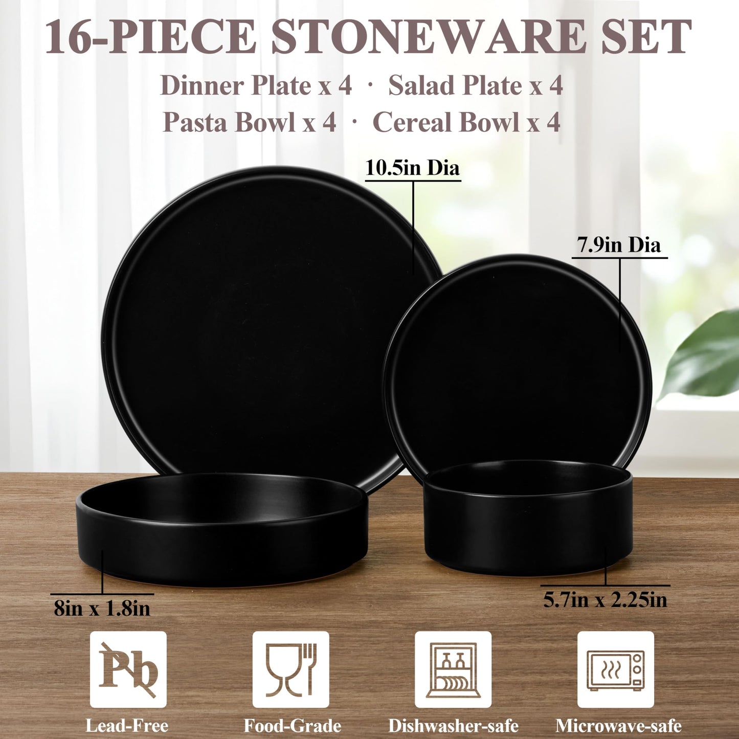 Herogo Dinnerware Sets with Pasta Bowls for 4, 16 Piece Dinner Salad Plates and Cereal Serving Bowls, Stoneware Dishes Dinner Ware for Home Kitchen, Chip & Scratch Resistant, Matte Black