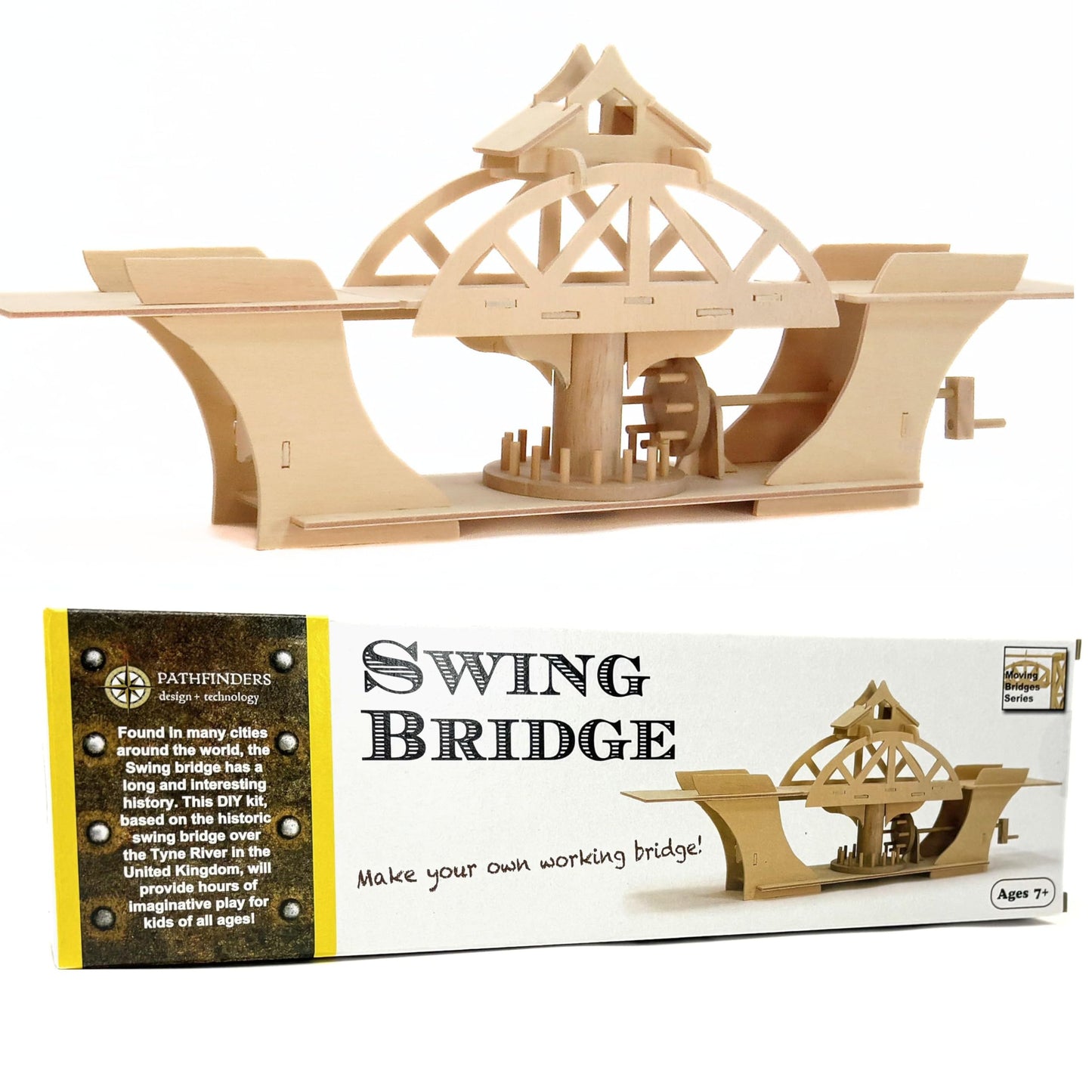 PATHFINDERS Swing Bridge STEM Kit – Wooden Mechanical Bridge Model to Build – DIY Engineering Kit for Kids & Adults – Hand-Powered Gear Mechanism – Educational Science & Engineering Toy