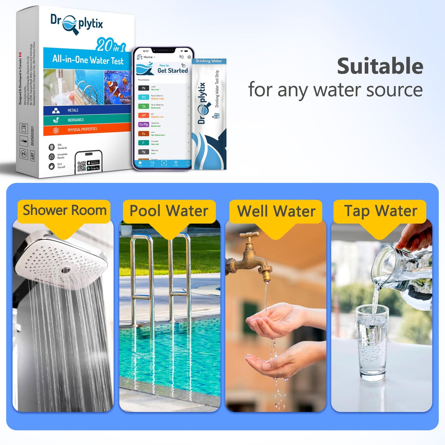 DROPLYTIX Mobile App Water Test Kit–20-in-1 Home Water Testing Strips, Pools, Hot Tubs, Aquarium, Drinking Water & Well Water Test for pH, Hardness, Lead, Iron, Chlorine, Nitrate, Fluoride, Mercury