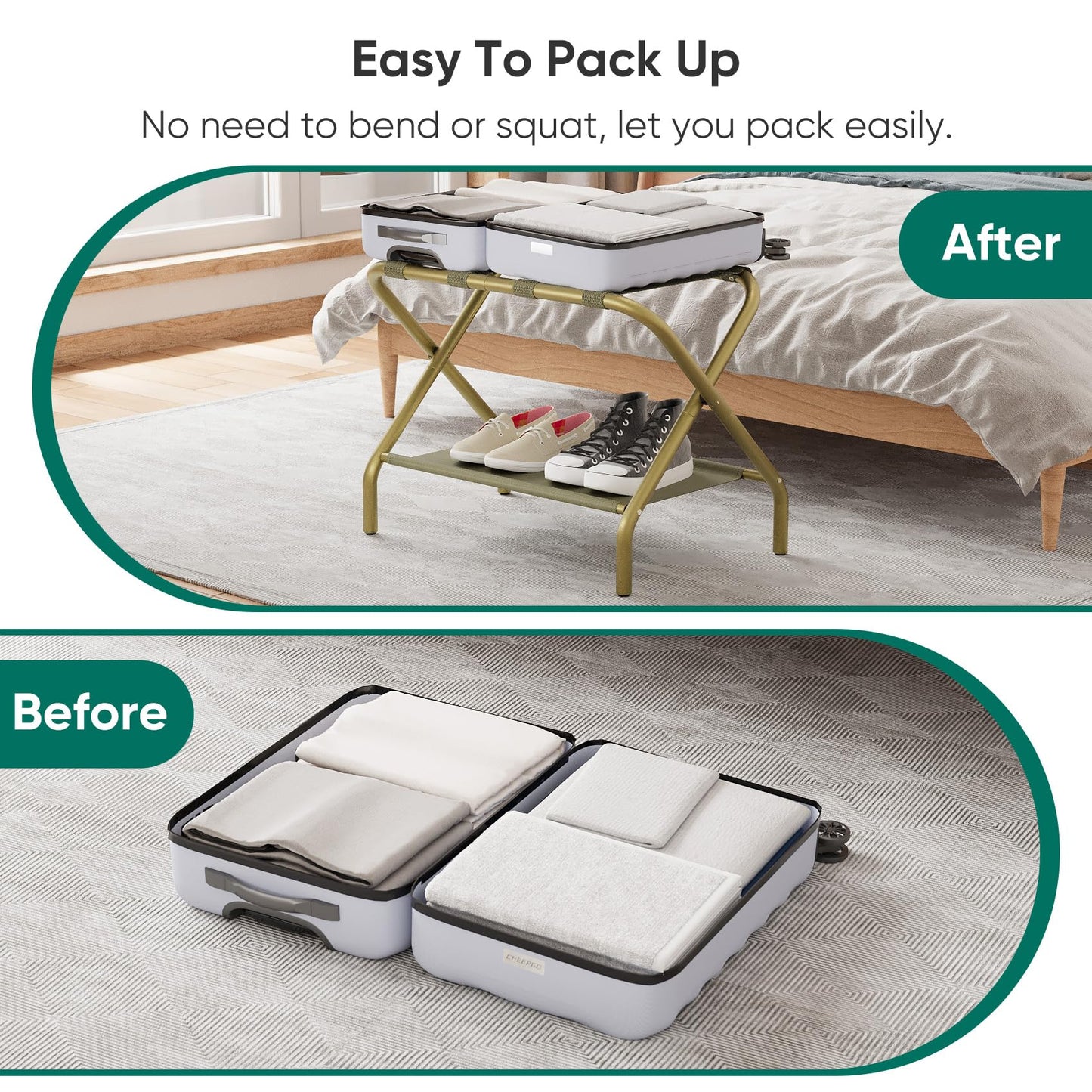 Smuxee Gold Luggage Rack Pack of 2, Foldable Suitcase Stand with Fabric Storage Shelf, Luggage Holder with 4 Nylon Straps for Hotel Guest Room Bedroom