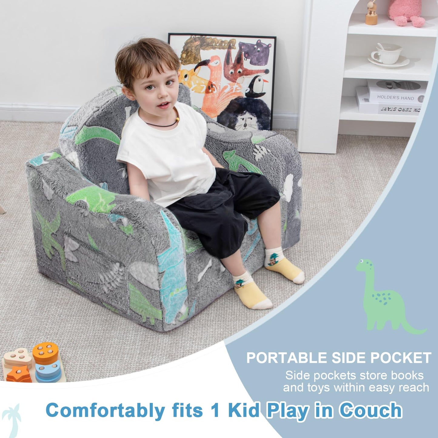 Airpanda Comfy Kids Chair and Couch with Blanket,2-in-1 Soft Fold Out Couch for Girls and Boys,Convertible Sofa Chair for Playroom,Gray Dinosaur