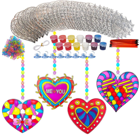 Ayhuhra 28 Sets Heart Suncatchers for Windows Valentine's Day Suncatcher Craft Kits DIY Window Paint Art Heart Sun Catchers for Classroom Art Craft Mother's Day Party Supplies